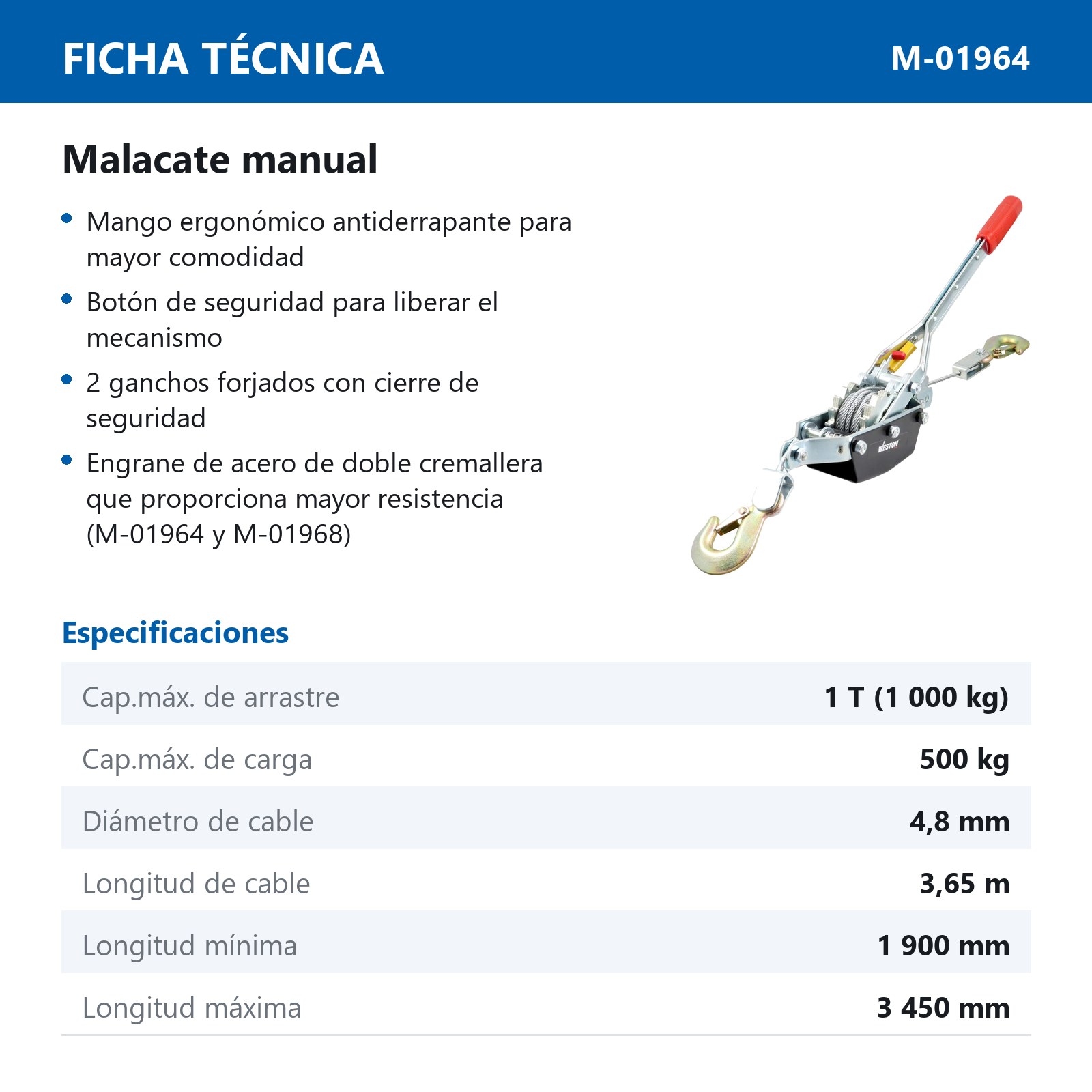 MALACATE MANUAL C/CABLE 1 TON - Imagen 4