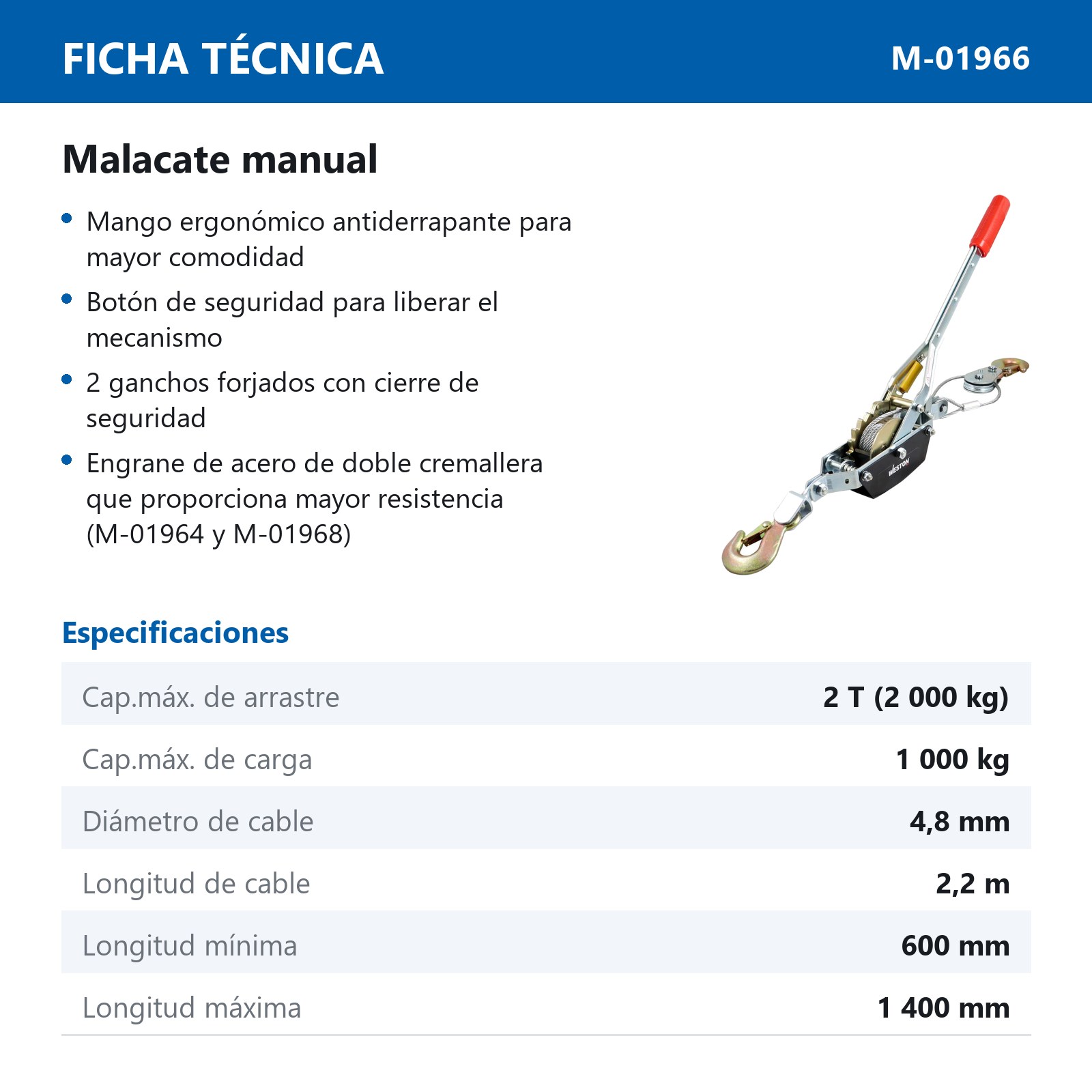 MALACATE MANUAL C/CABLE 2 TON - Imagen 4