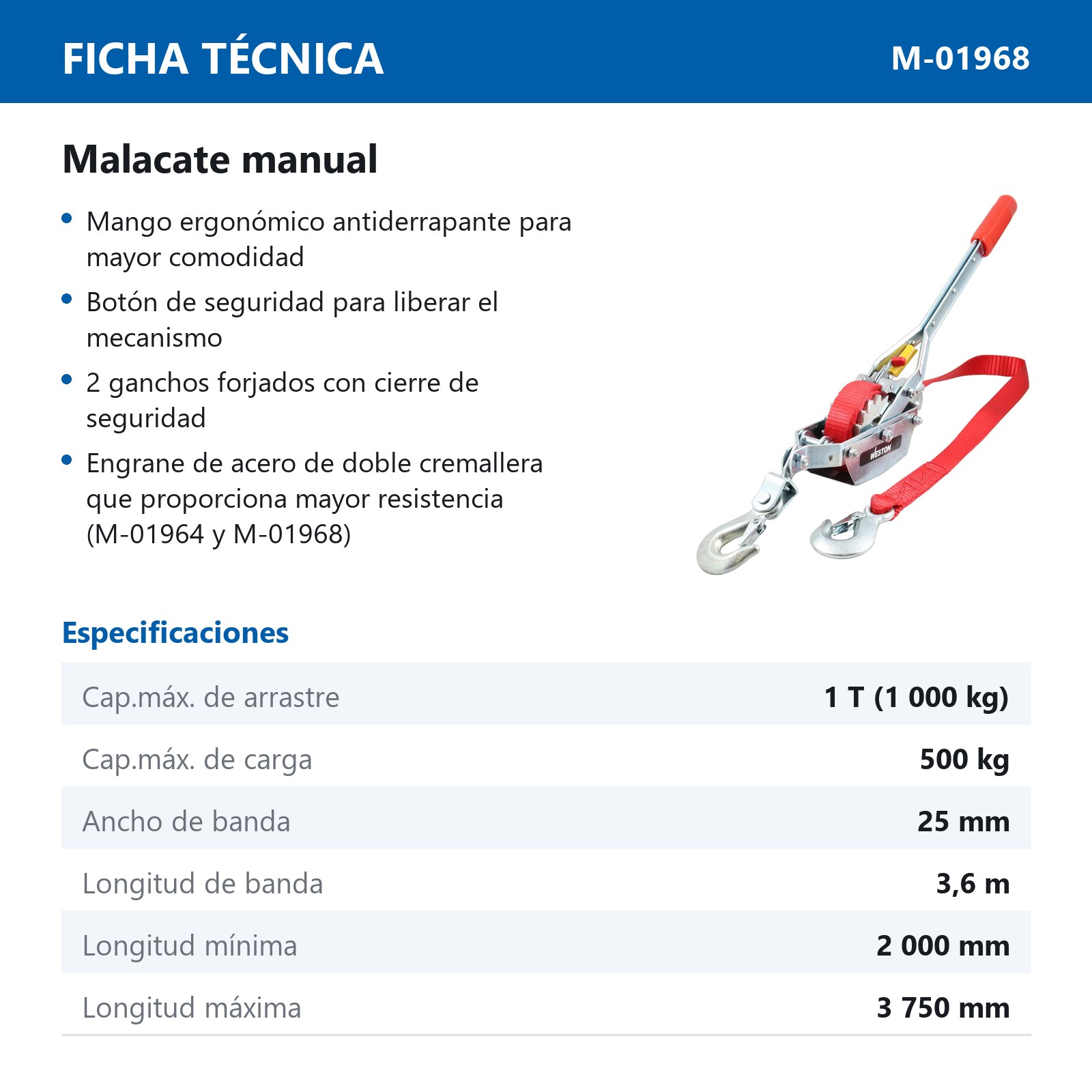 MALACATE MANUAL C/BANDA 3.6M 1 TON - Imagen 4