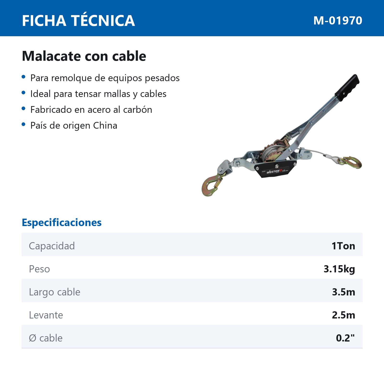 MALACATE MANUAL 1 TON C/CABLE 3.5M WESTON PLUS - Imagen 4