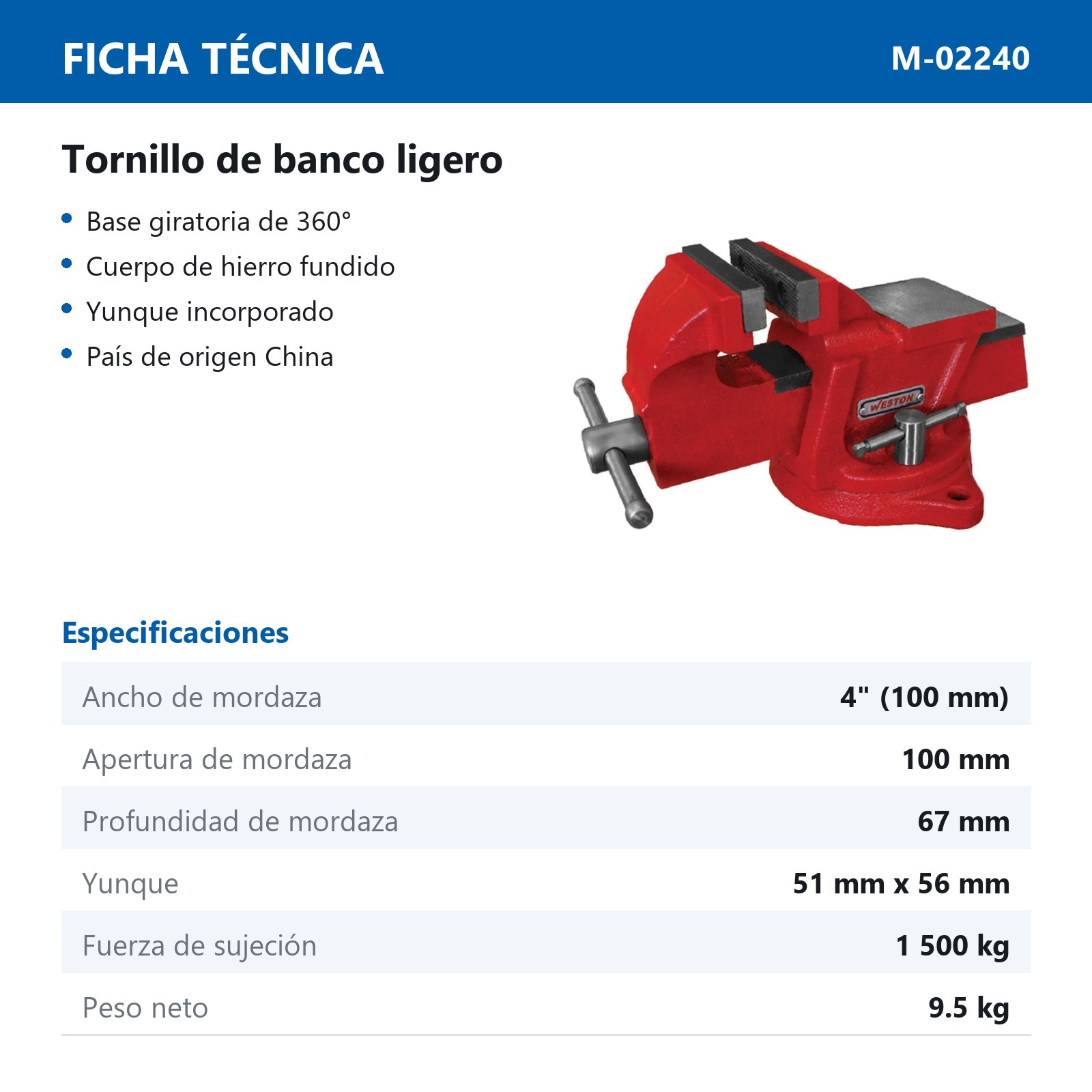 TORNILLO DE BANCO LIGERO 4" - Imagen 2