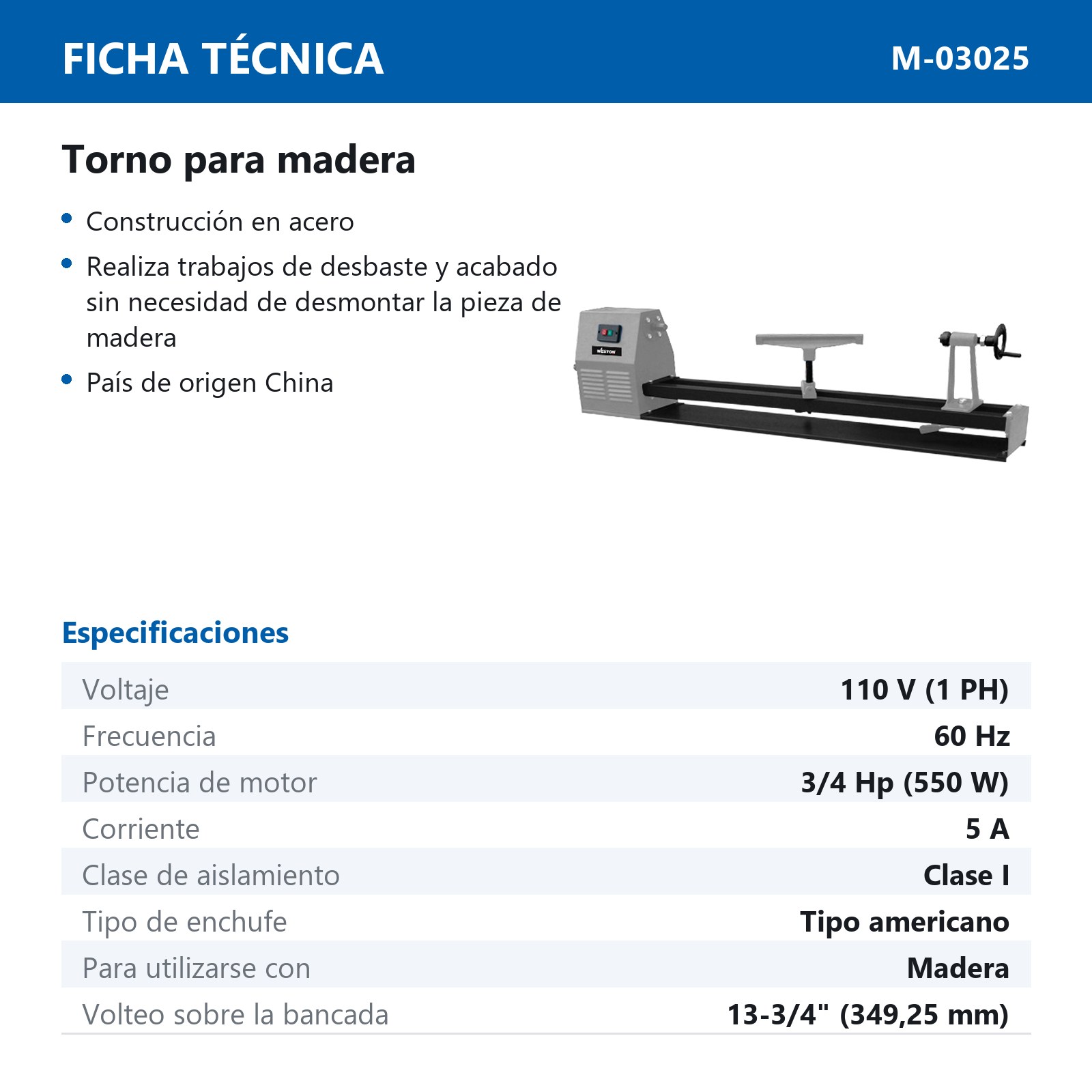 TORNO P/MADERA 350X1000MM 4VEL. 550W 110V 1F - Imagen 2