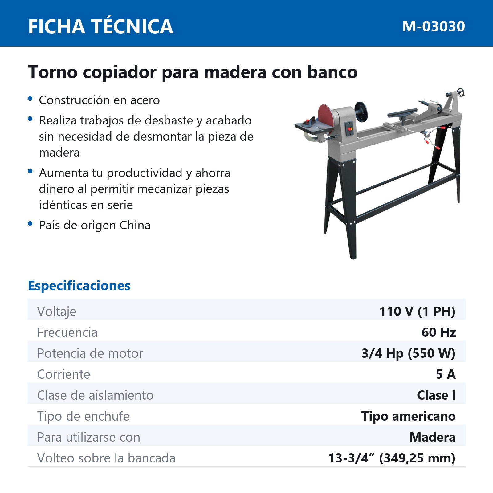 TORNO COPIADOR P/MADERA C/BANCO 350X1000MM 3VEL. 550W 110V 1F - Imagen 3