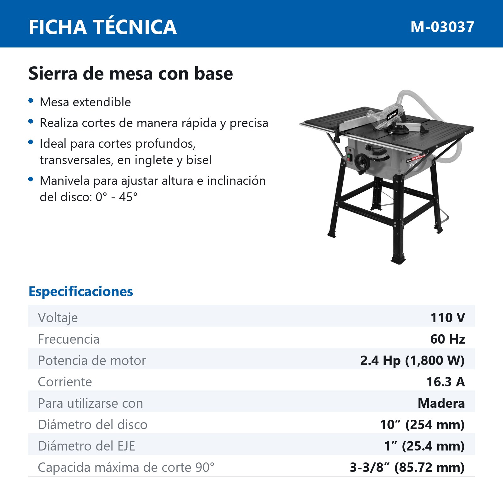 SIERRA DE MESA CON BASE 10'' 1800W 110V 1F - Imagen 2