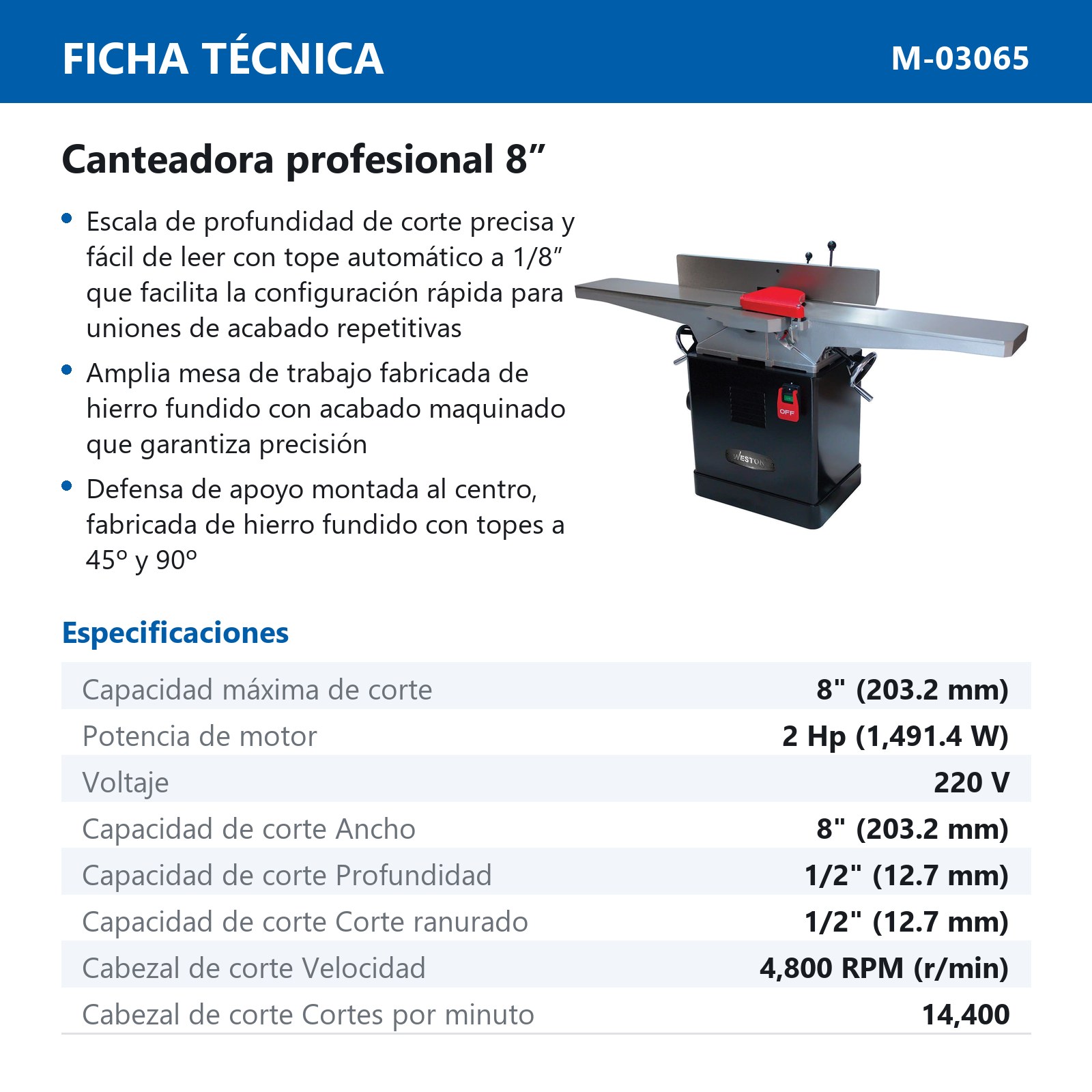 CANTEADORA 8'' 2HP 220V PRO - Imagen 2