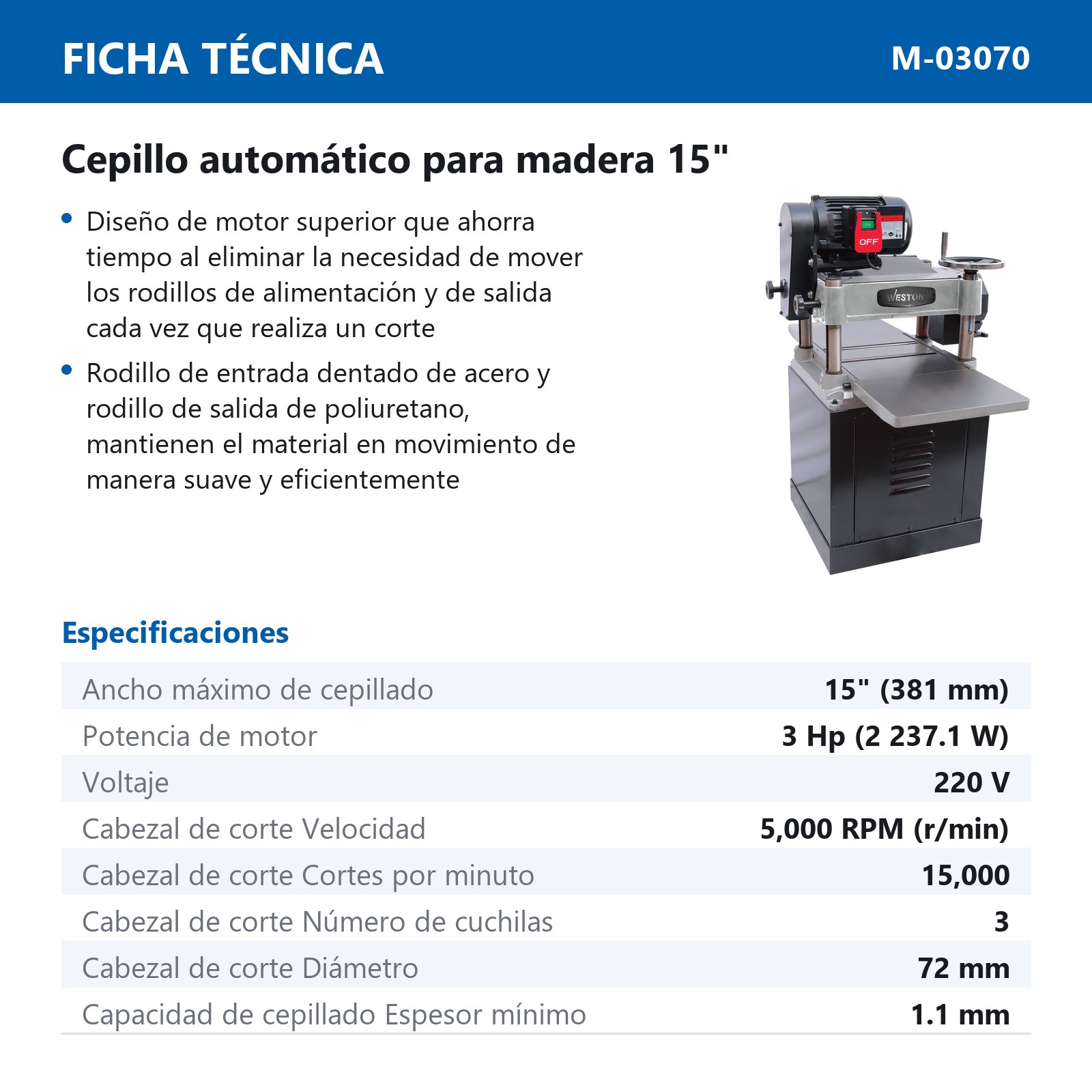CEPILLO P/MADERA AUTOMATICO 15'' 3HP 220V - Imagen 2