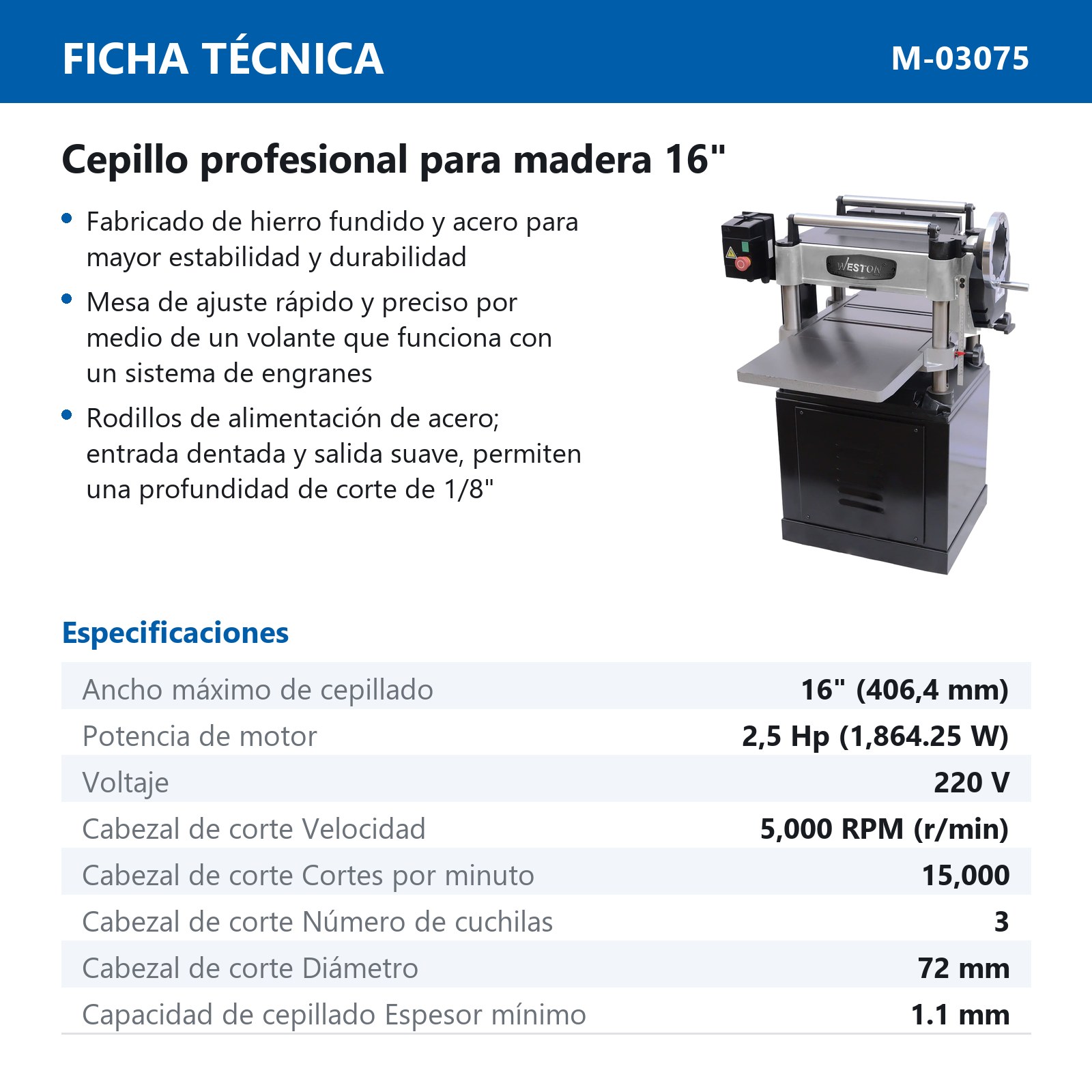 CEPILLO P/MADERA DELUX 16'' 2.5HP 220V - Imagen 2