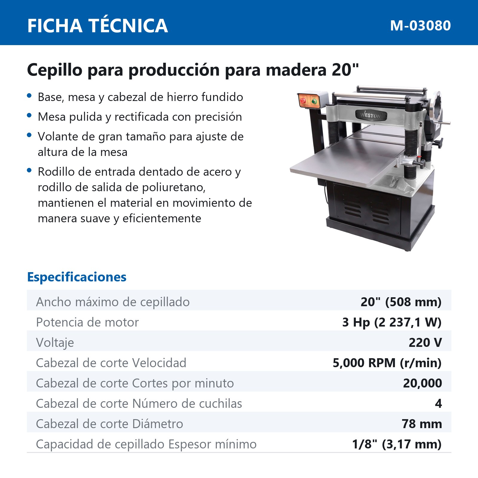 CEPILLO P/MADERA P/PRODUCCION 20'' 3HP 220V - Imagen 2