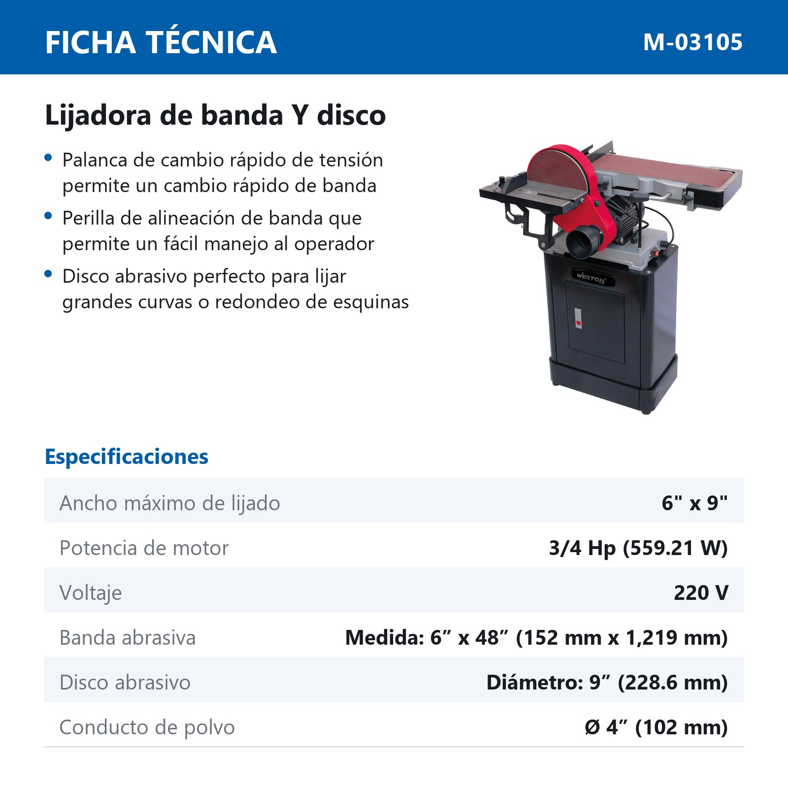 LIJADORA DE BANDA 6'' x 48" Y DISCO 9'' 3/4HP 220V - Imagen 2