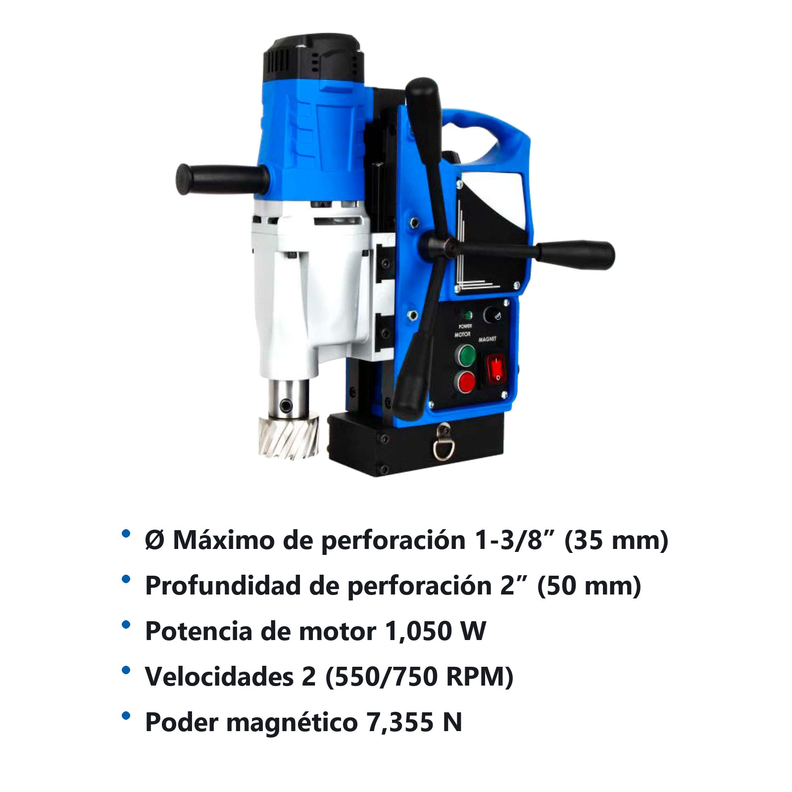 TALADRO MAGNETICO Ø1-3/8" X 2" 1050W 2 VEL. BROQUERO 1/2" ZANCO WELDON 3/4" 110V - Imagen 3