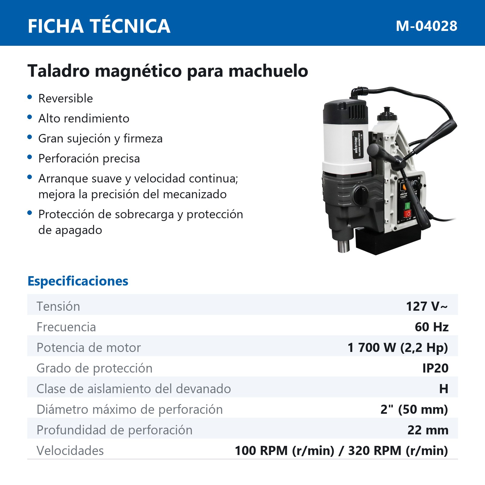 TALADRO MAGNETICO 50MM 1700W P/MACHUELO M20 110V - Imagen 3