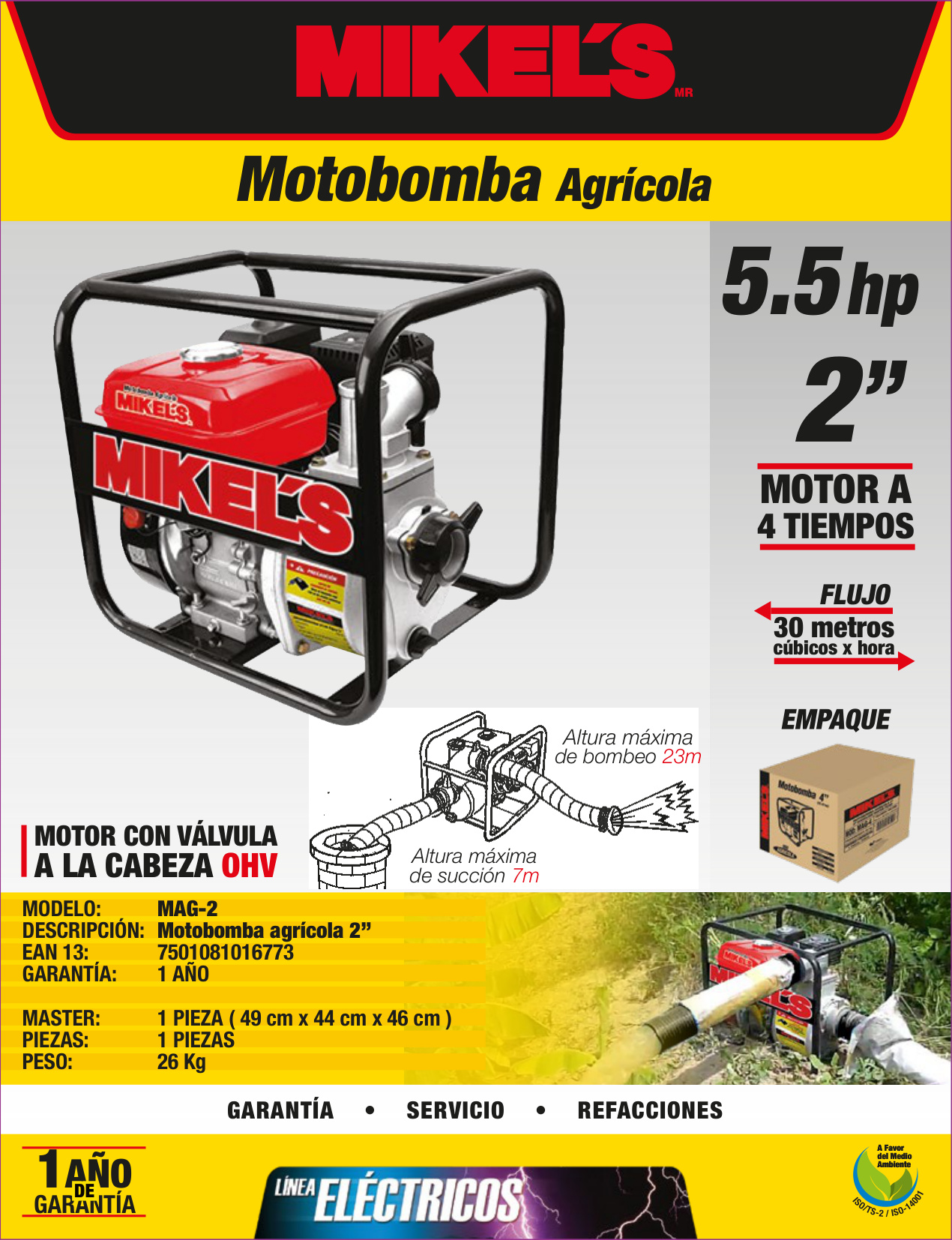 MIKELS MAG-2 Motobomba para agua, Uso agrícola (2”/ 5.5 HP) - Imagen 4