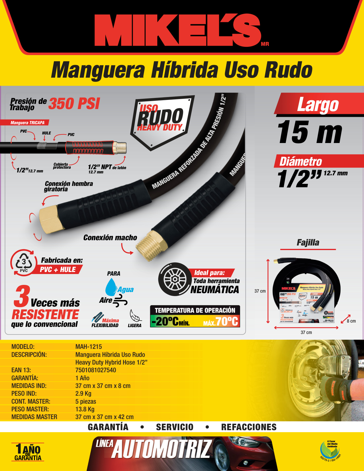 MIKELS MAH-1215 Manguera Hibrida Uso Rudo 1/2" X15 M - Imagen 4