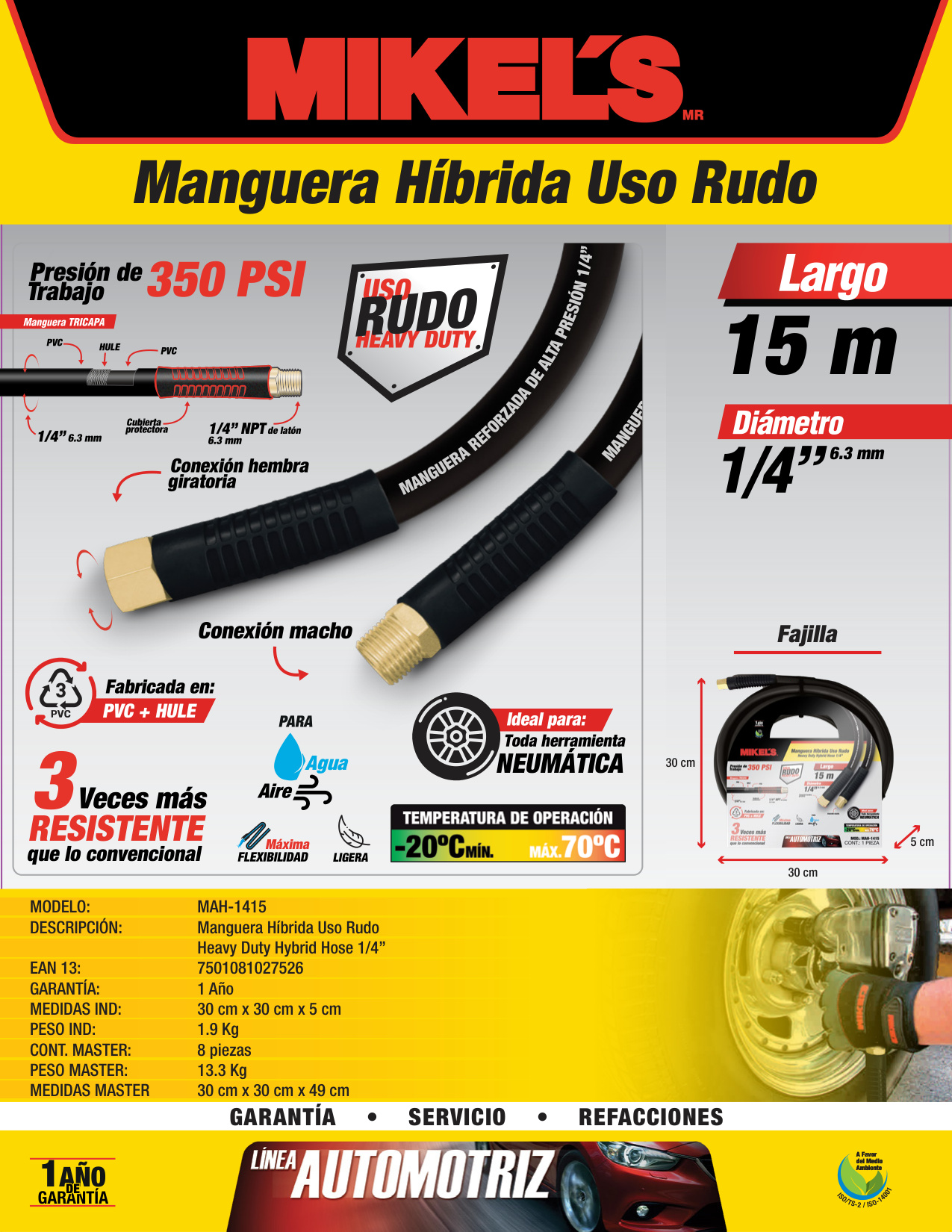 MIKELS MAH-1415 Manguera Hibrida Uso Rudo 1/4" X 15 M - Imagen 4
