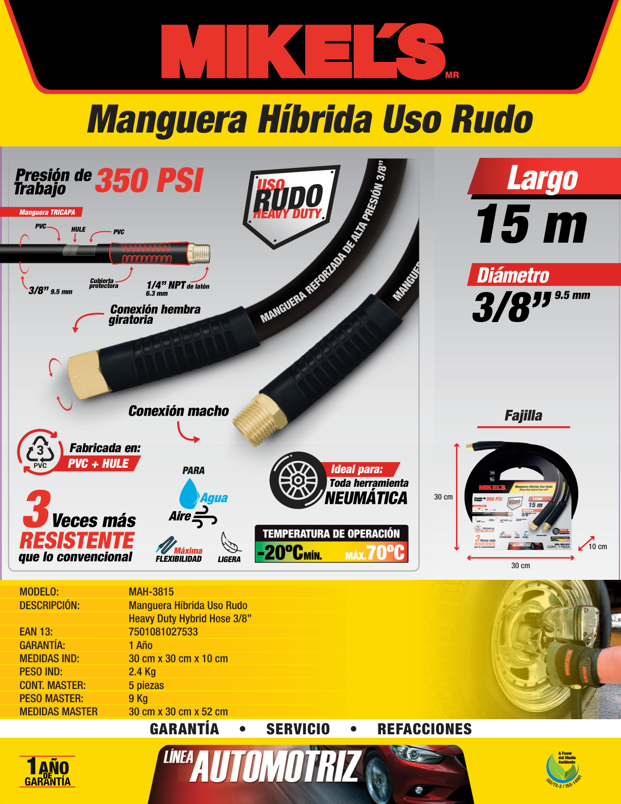 MIKELS MAH-3815 Manguera Hibrida Uso Rudo 3/8" X 15 M - Imagen 4