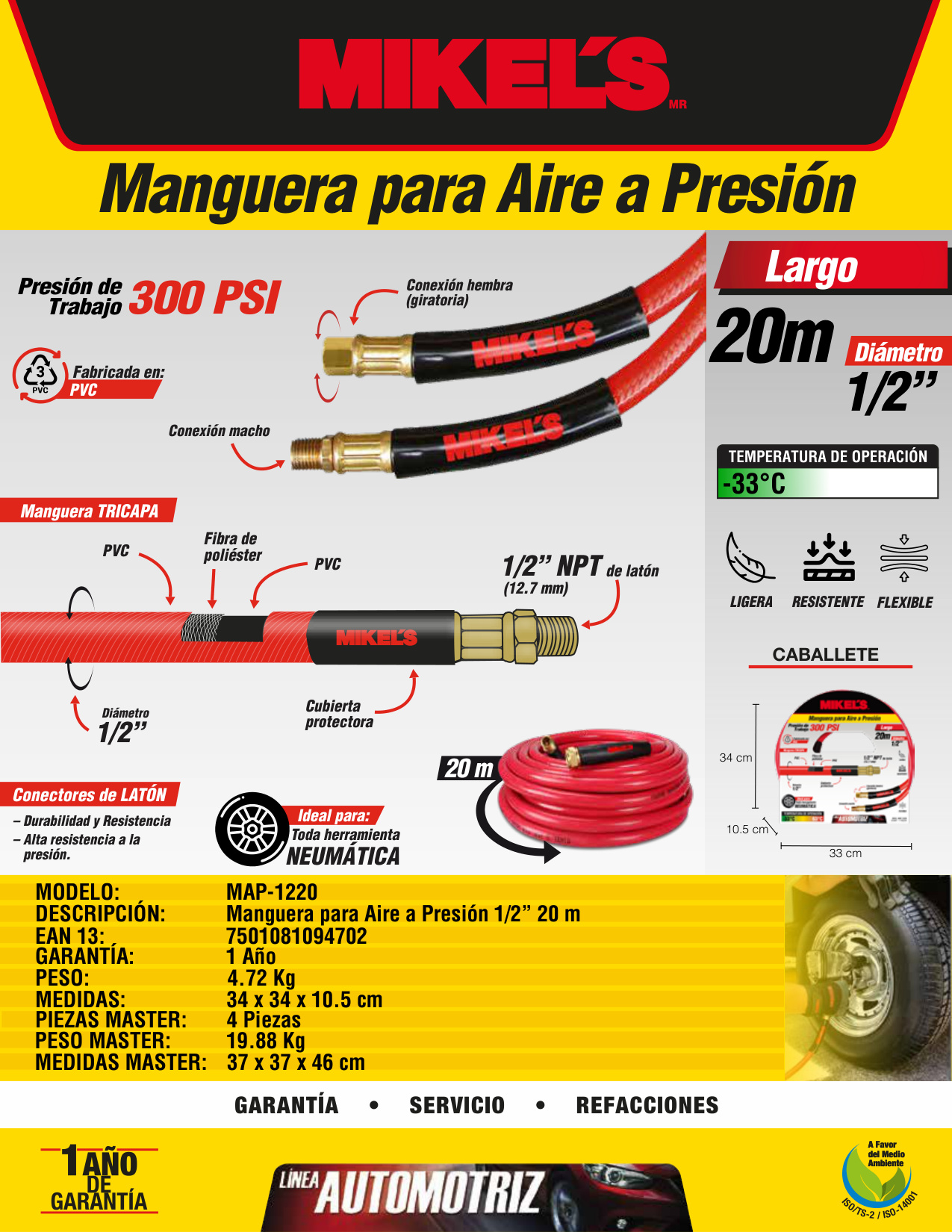 MIKELS MAP-1220 Manguera de PVC para aire a presión 1/2” x 20 m conexión 1/2” NPT - Imagen 4