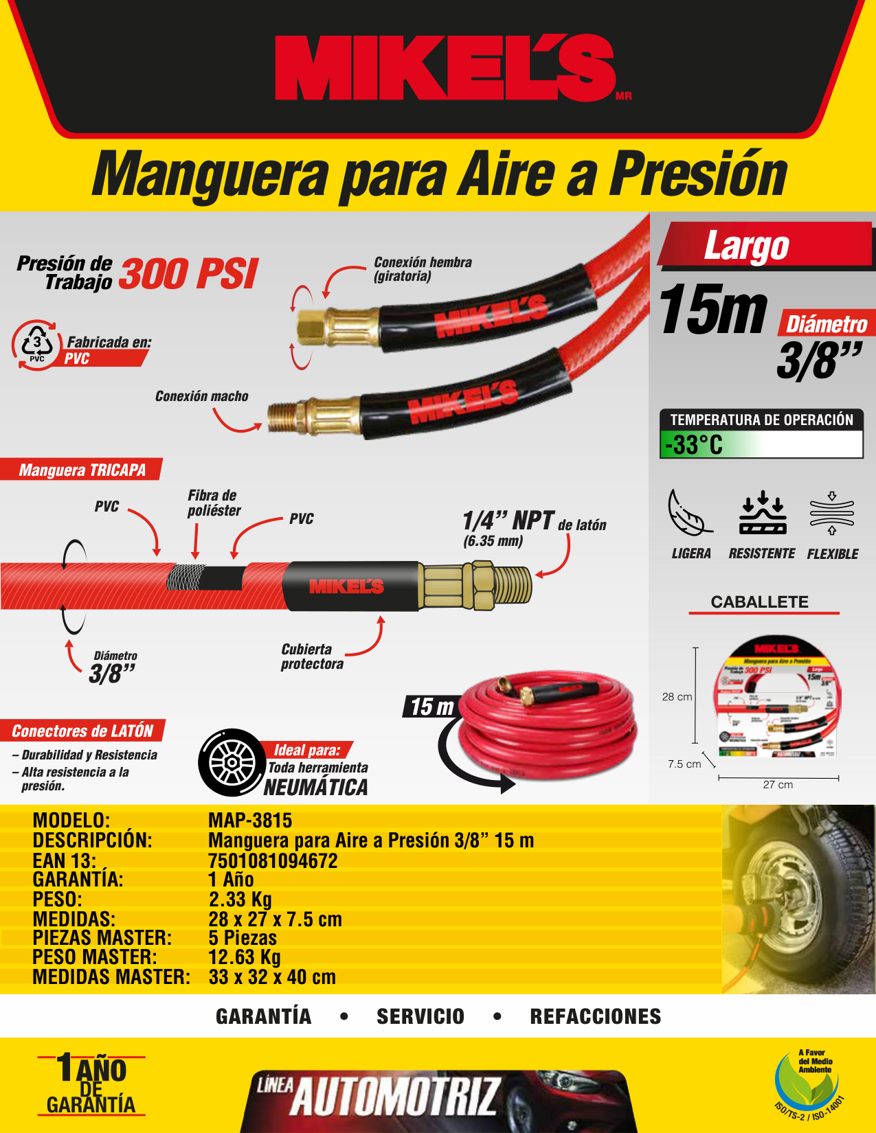 MIKELS MAP-3815 Manguera de PVC para aire a presión 3/8” x 15 m conexión 1/4” NPT - Imagen 4