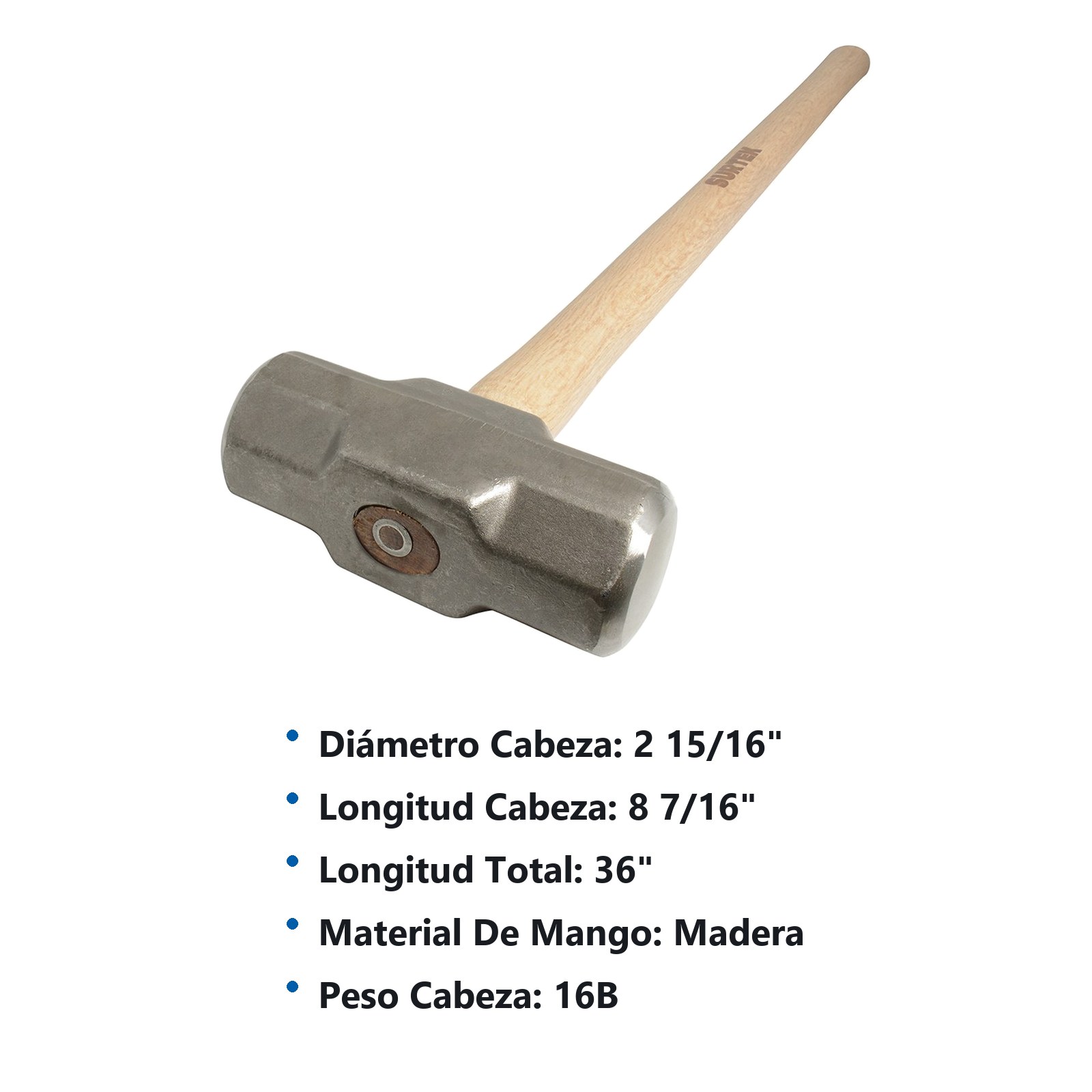 Marro octagonal cabeza forjada con mango largo de madera de 36", 16 lb Surtek - Imagen 2
