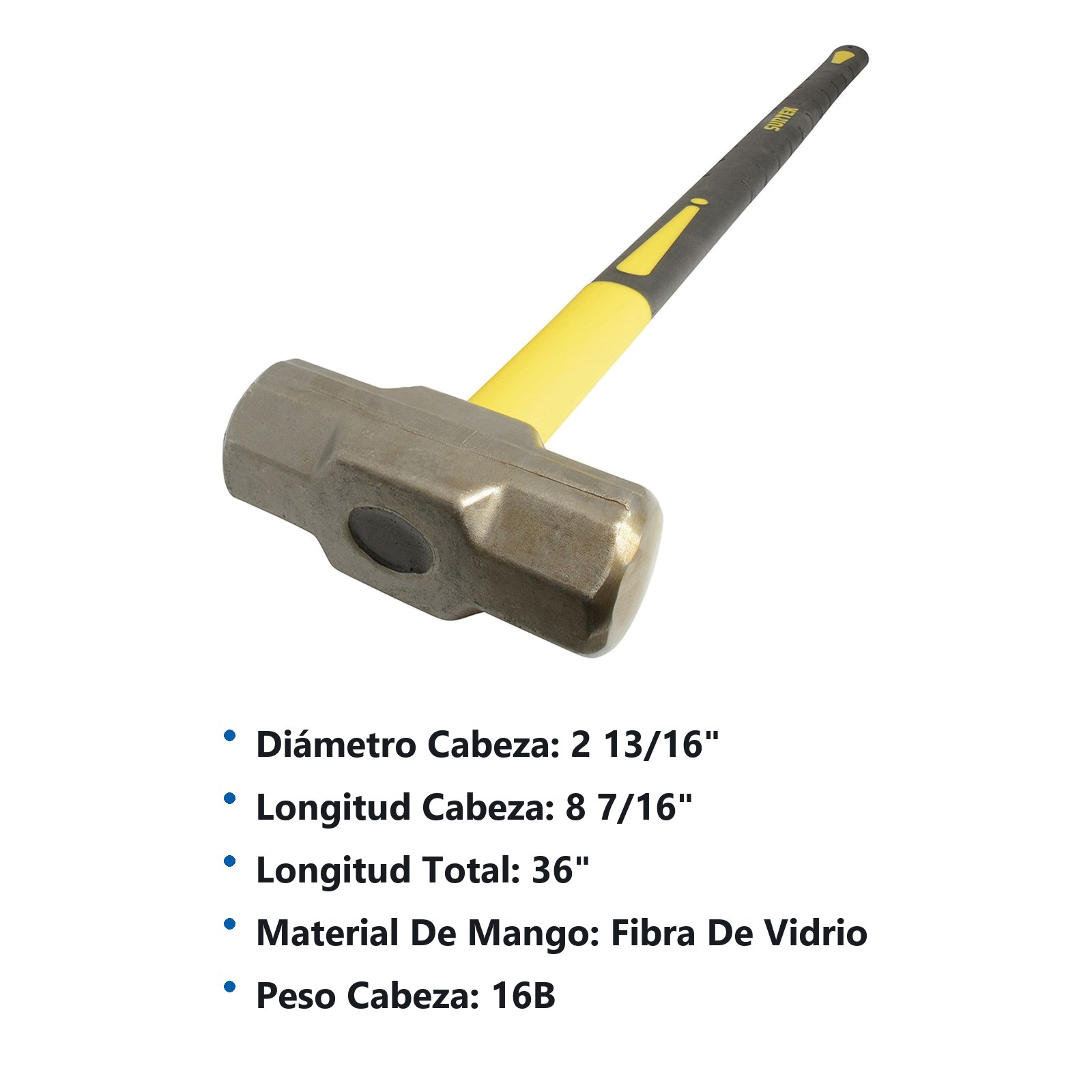 Marro octagonal cabeza forjada con mango largo de fibra de vidrio de 36", 16 lb Surtek - Imagen 2