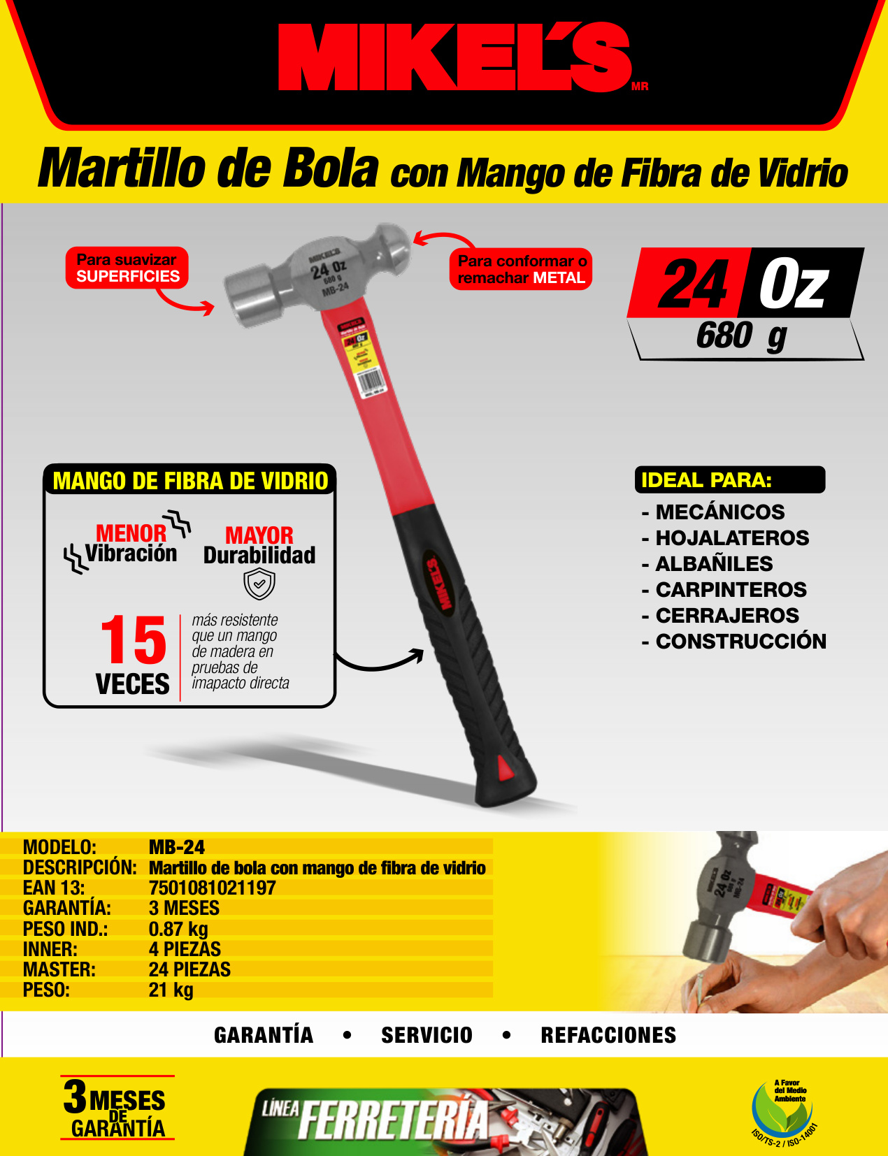 MIKELS MB-24 Martillo de bola, mango de fibra de vidrio (24 oz) - Imagen 4