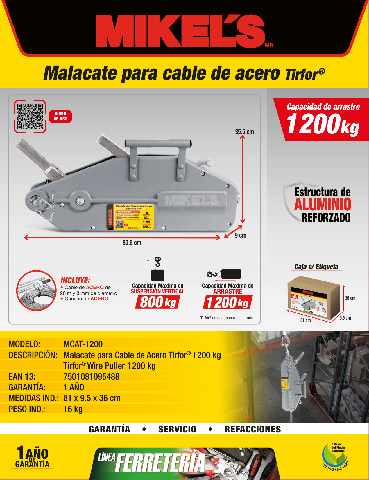 MIKELS MCAT-1200 Malacate tirfor 1,200 kgs (ancho cable 8 mm x 20 mts) - Imagen 4