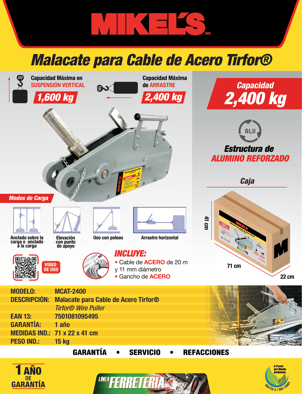 MIKELS MCAT-2400 Malacate tirfor 2,400 kgs (ancho cable 11 mm x 20 mts) - Imagen 4