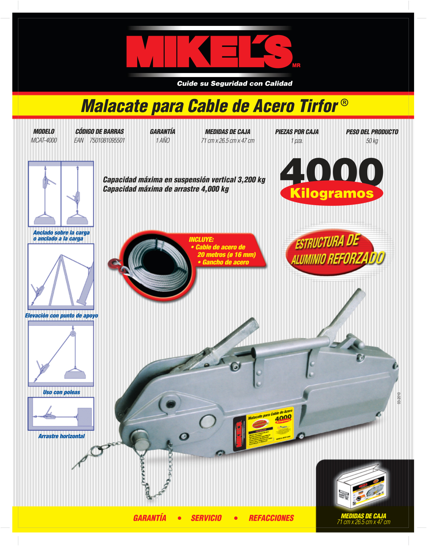 MIKELS MCAT-4000 Malacate tirfor 4,000 kgs (ancho cable 16 mm x 20 mts) - Imagen 4