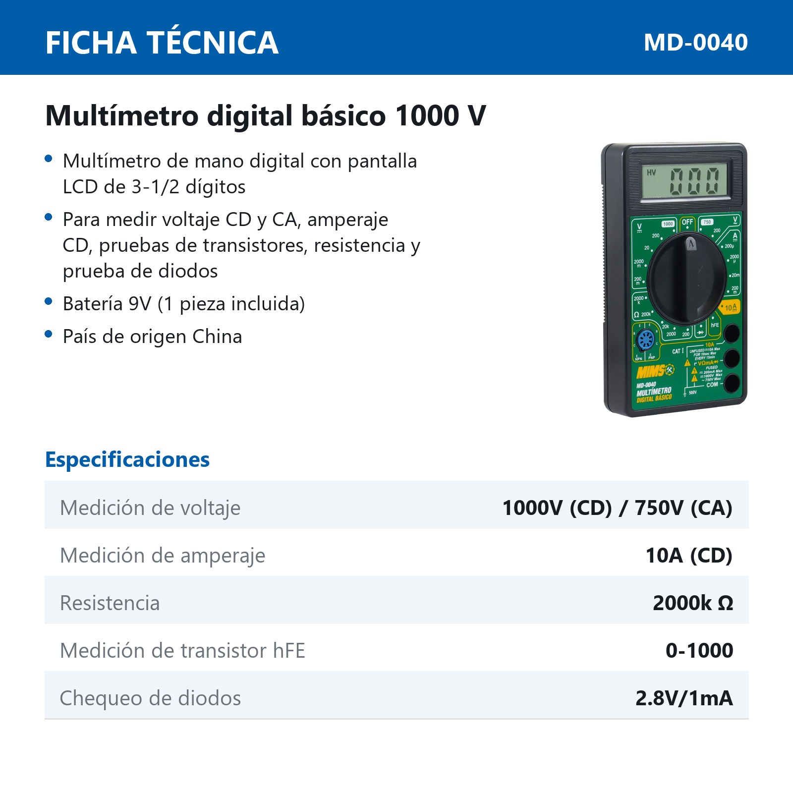 MULTIMETRO DIGITAL BASICO 1000V - Imagen 4
