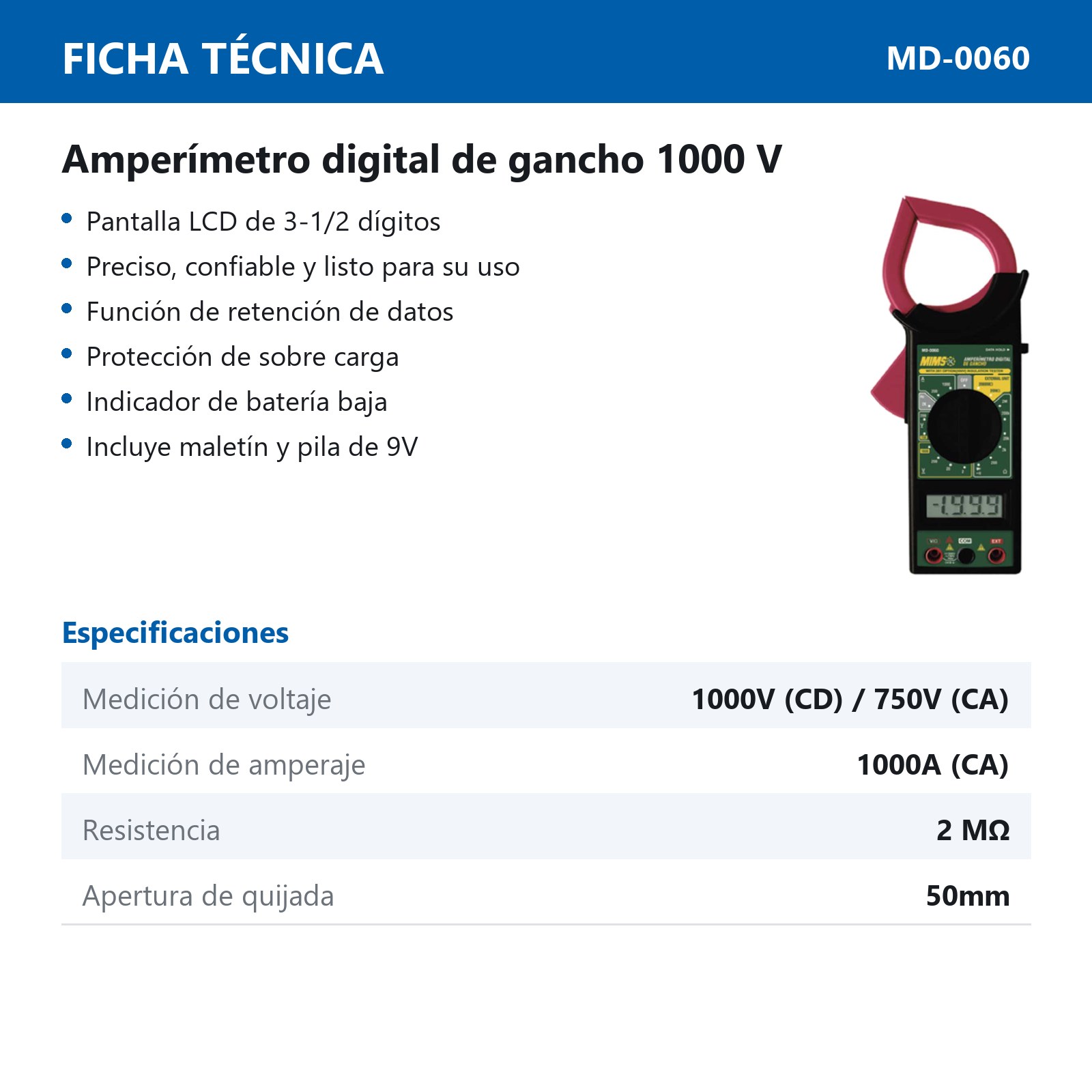 AMPERIMETRO DIGITAL DE GANCHO 1000V - Imagen 2