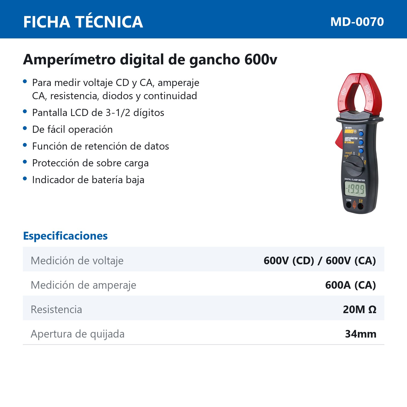 AMPERIMETRO DIGITAL DE GANCHO 600V - Imagen 4