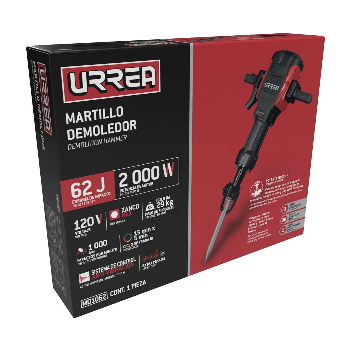 Martillo demoledor con control antivibración, zanco hexagonal 2000W, 120V, 62J, 1000 IPM Urrea - Imagen 2