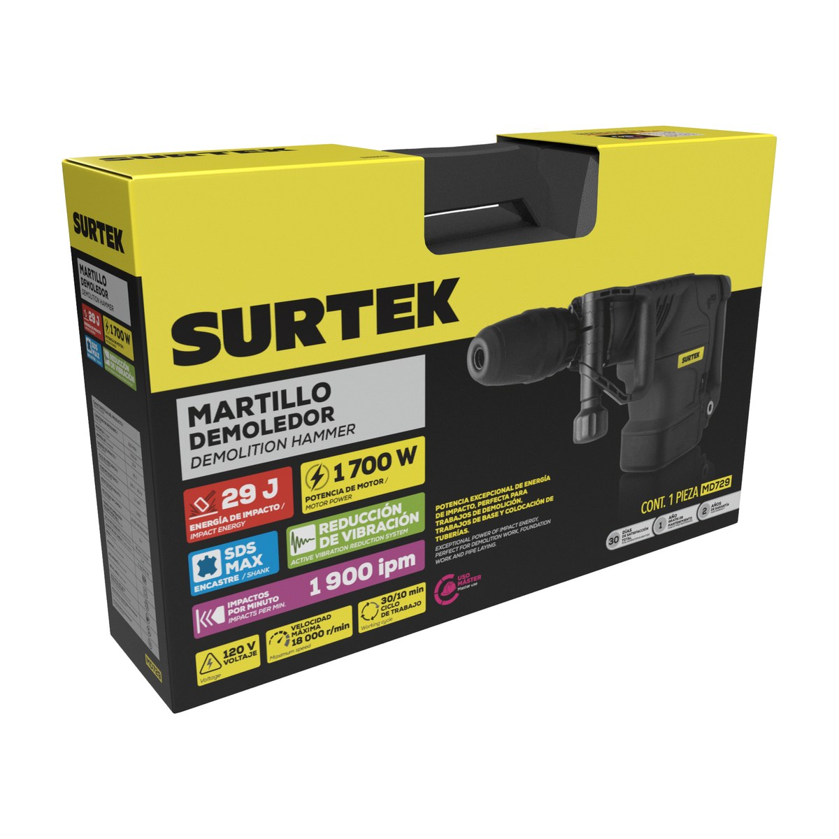 Martillo demoledor con control anti-vibración, SDS Max 1700W, 29J, 2900 IPM Surtek - Imagen 2