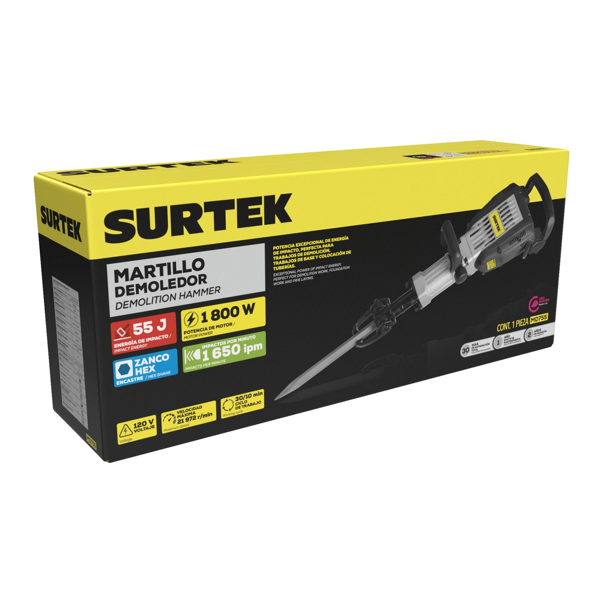 Martillo demoledor con control anti-vibración, zanco hexagonal 2000W, 120V, 75J, 1300 IPM Surtek - Imagen 2