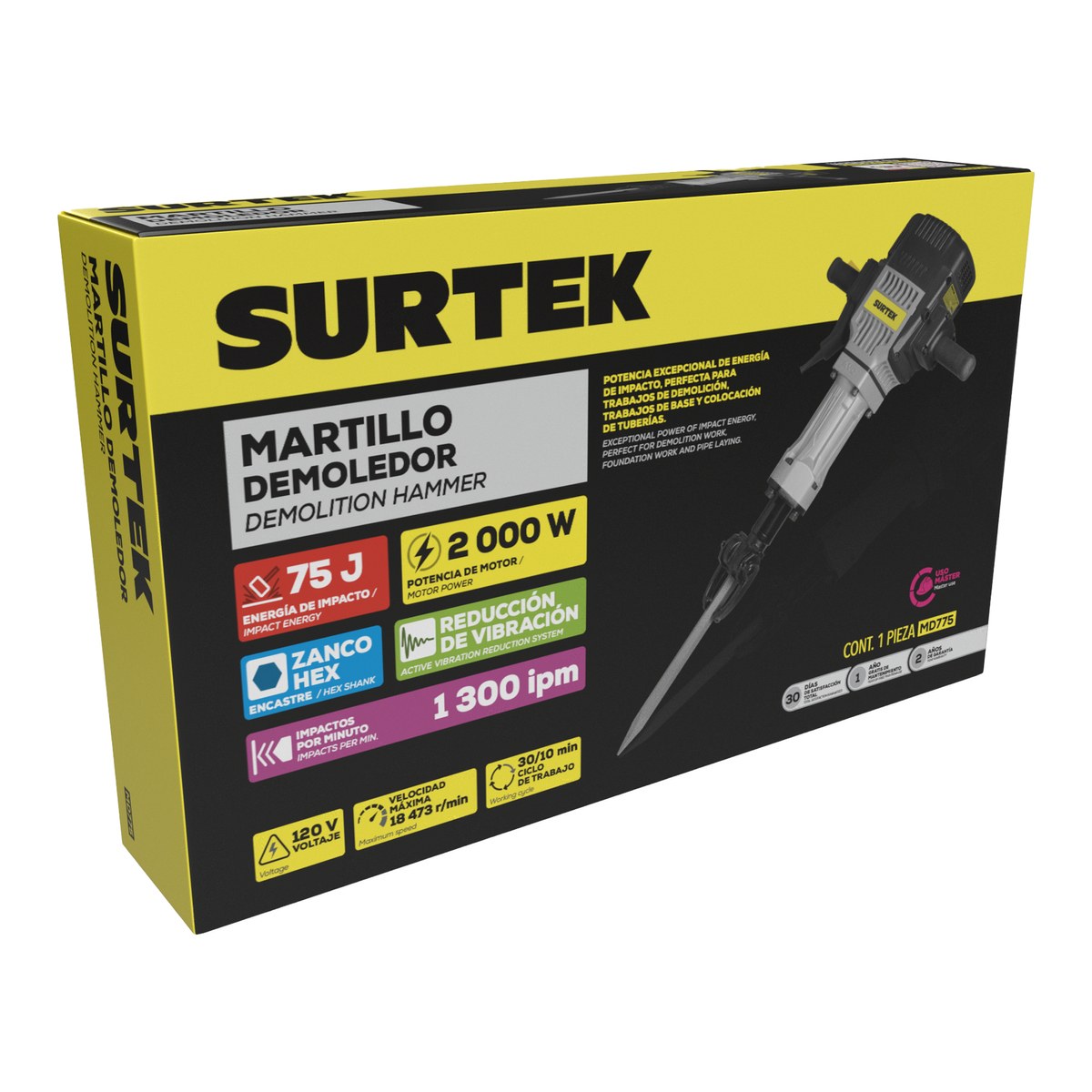 Martillo demoledor con control anti-vibración, zanco hexagonal 2000W, 120V, 75J, 1300 IPM Surtek - Imagen 4