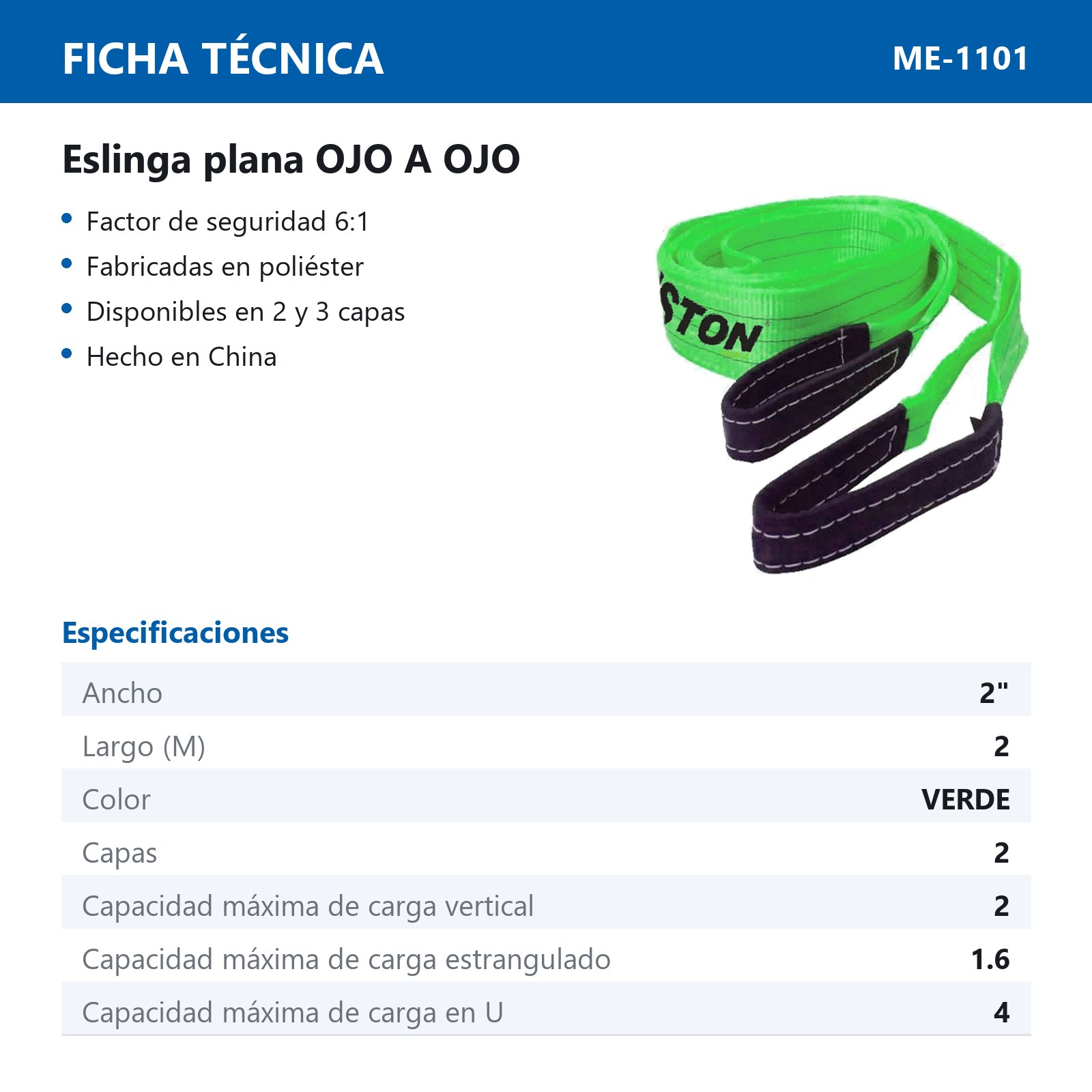 ESLINGA OJO A OJO POLIESTER VERDE 2X2M 2 CAPAS 2T - Imagen 2