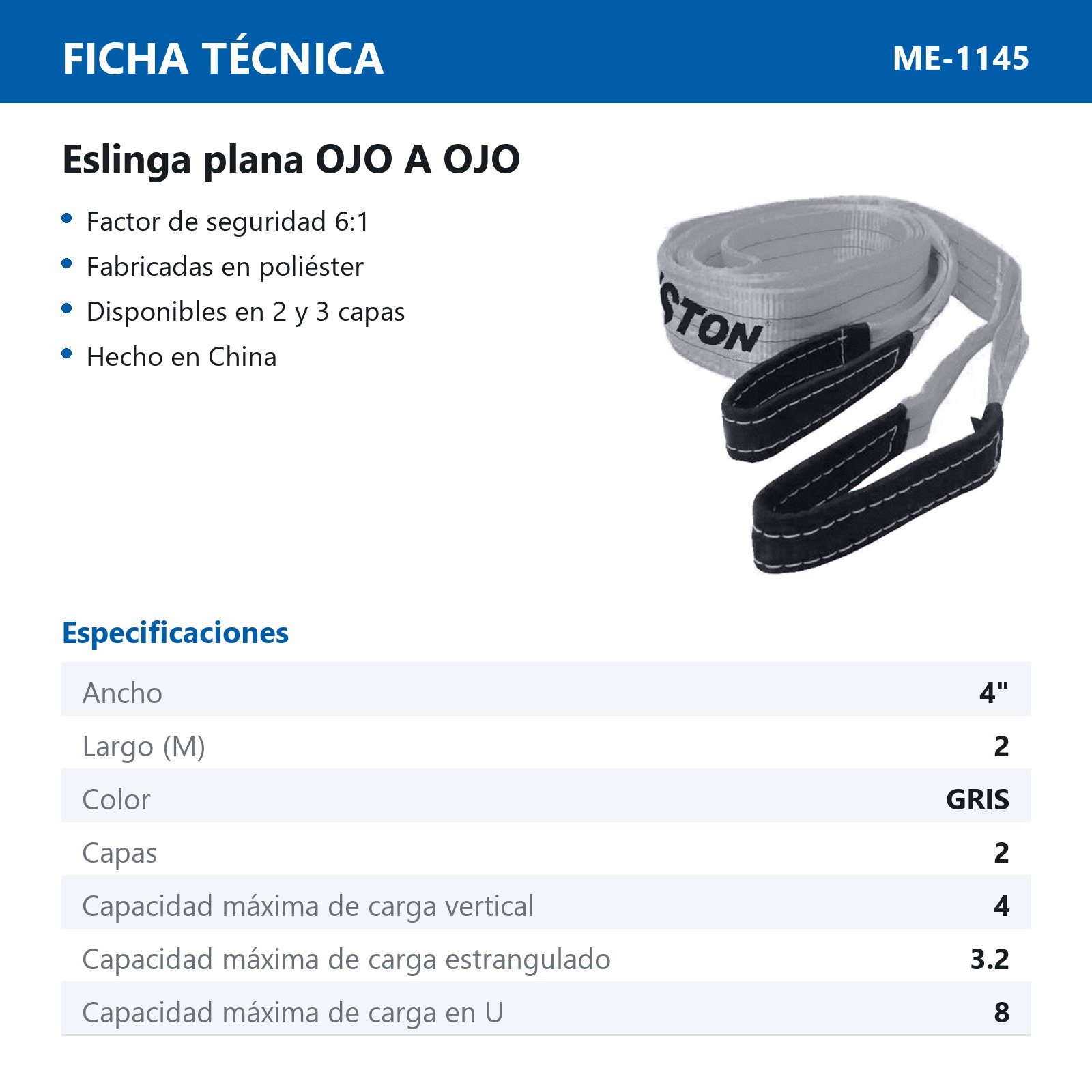 ESLINGA OJO A OJO POLIESTER GRIS 4X2M 2 CAPAS 4T - Imagen 2