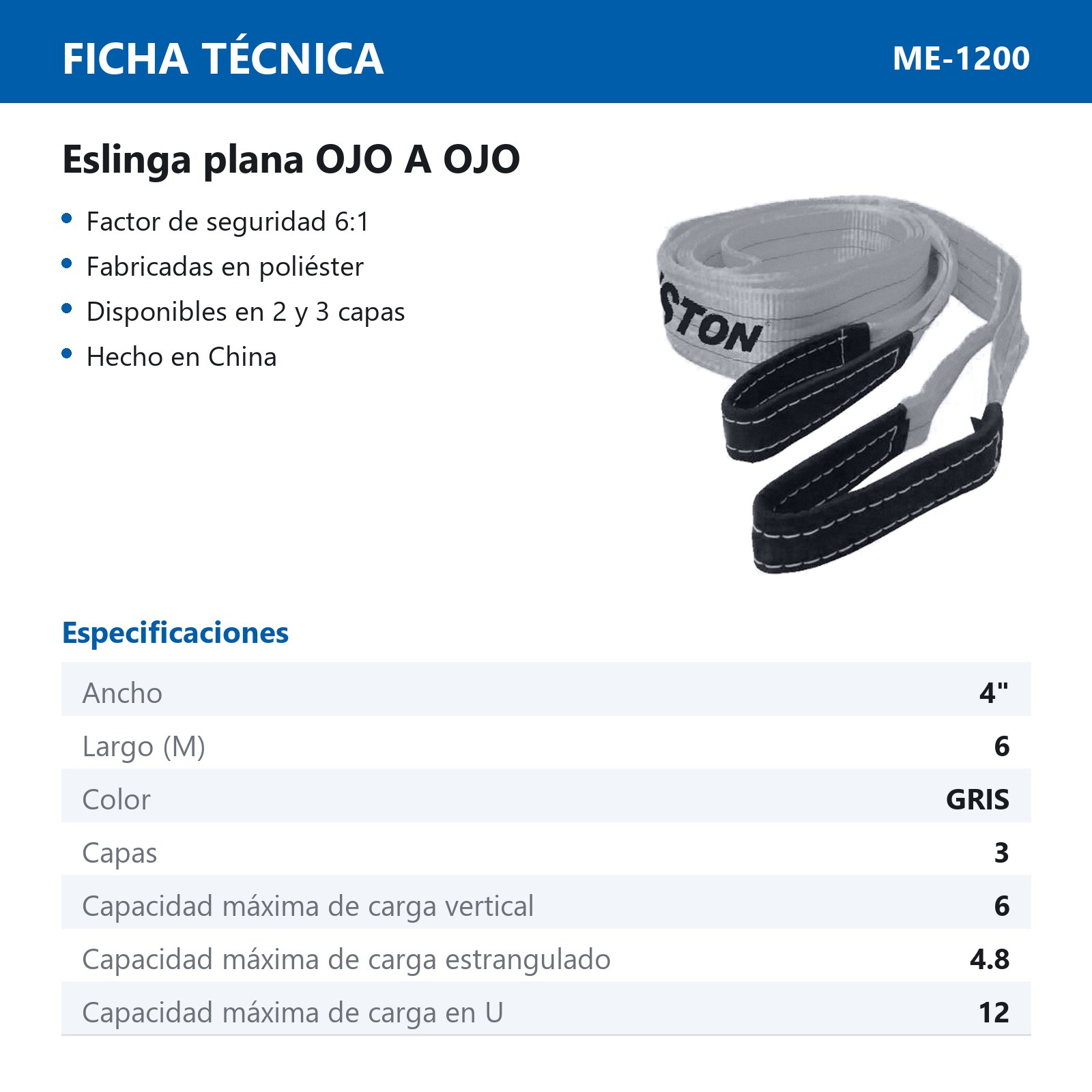 ESLINGA OJO A OJO POLIESTER GRIS 4X6M 3 CAPAS 6T - Imagen 2