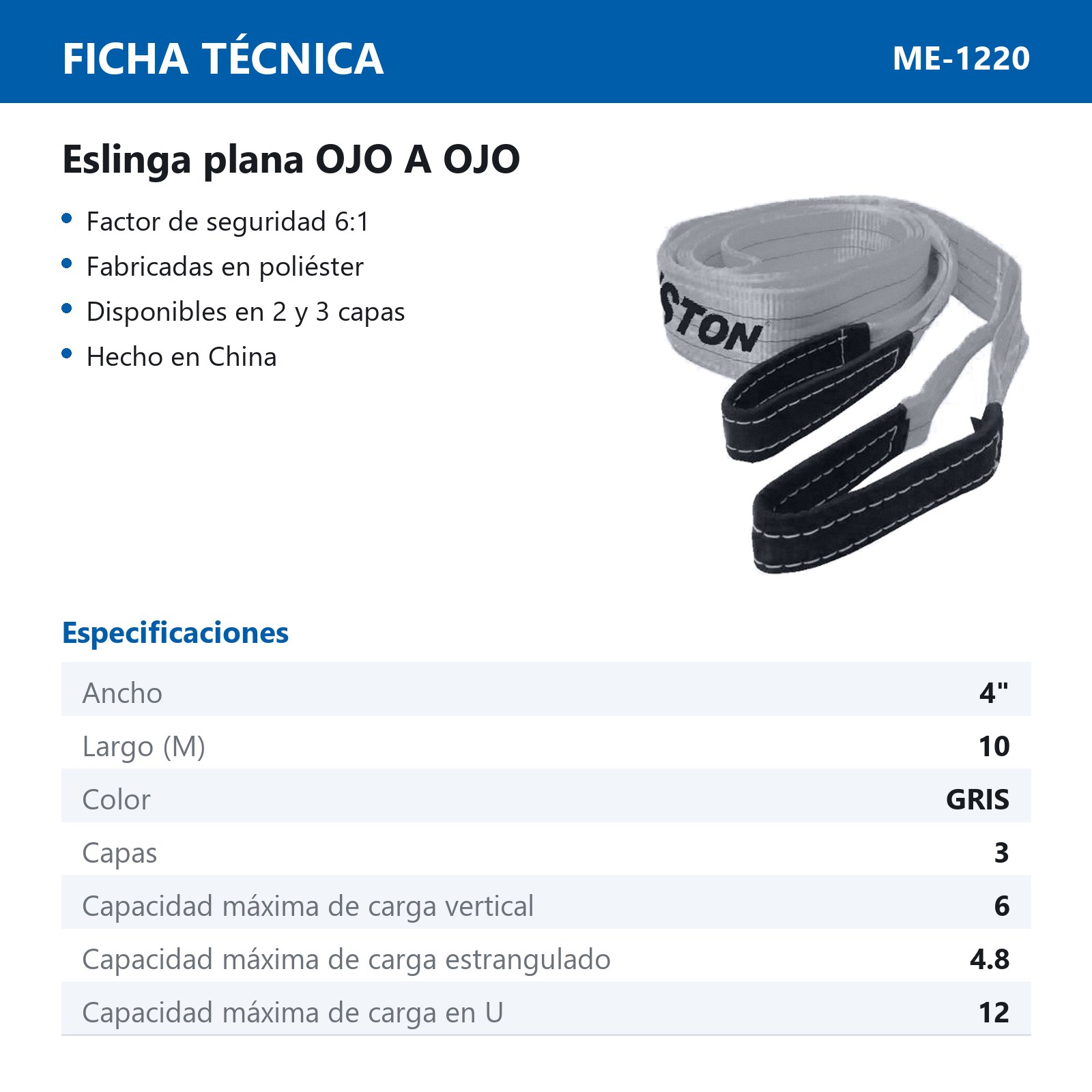 ESLINGA OJO A OJO POLIESTER GRIS 4X10M 3 CAPAS 6T - Imagen 2