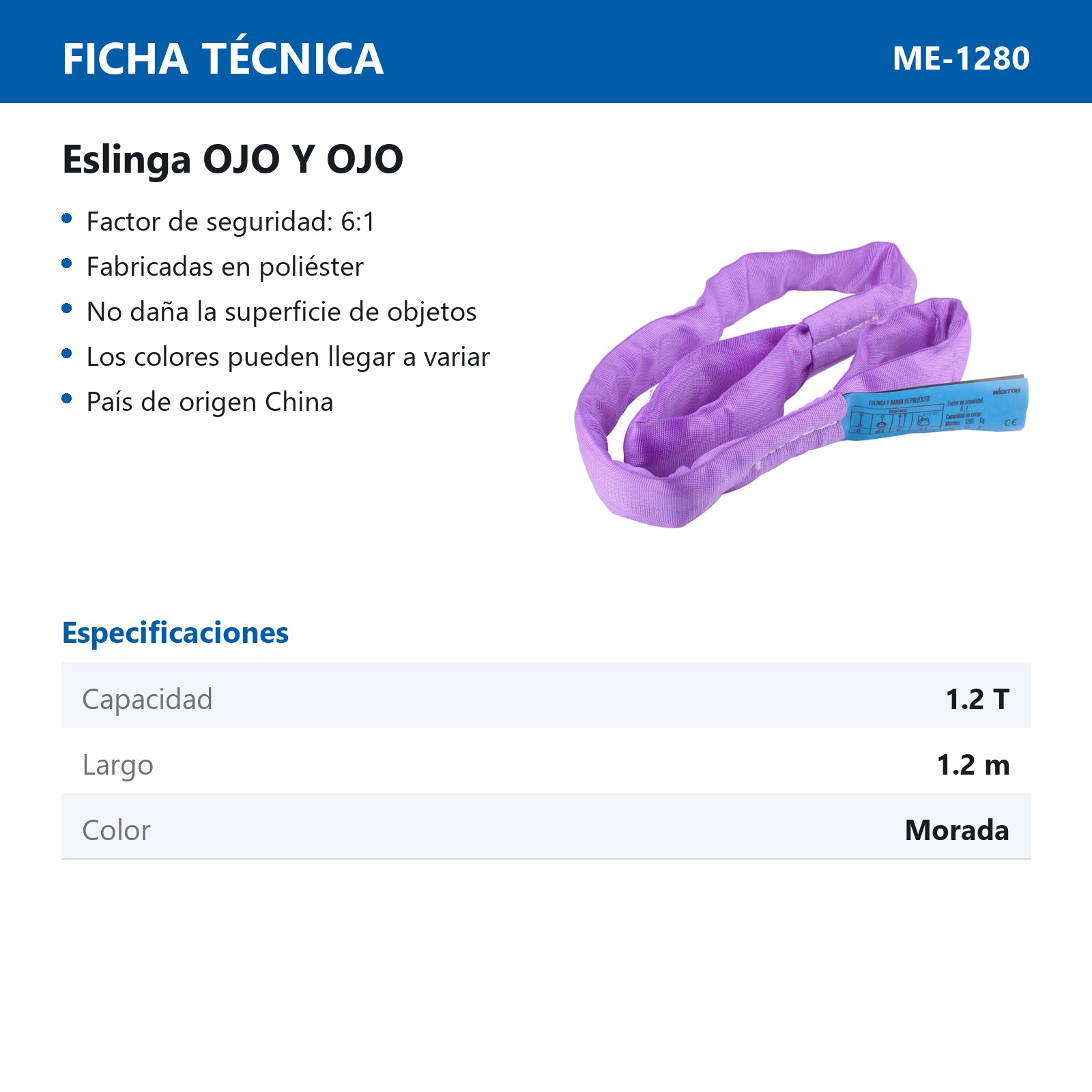 ESLINGA OJO A OJO POLIESTER MORADA 1.2M C/PROT.1.2T - Imagen 2