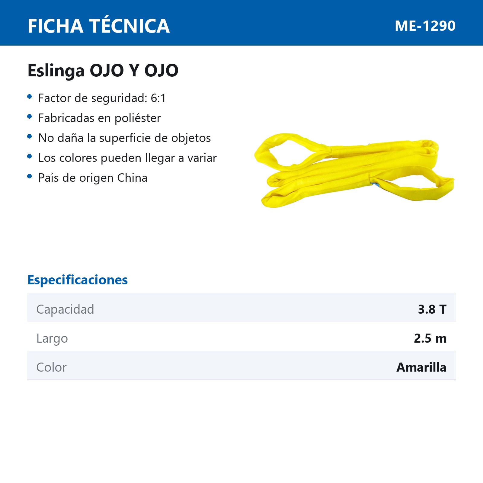 ESLINGA OJO A OJO POLIESTER AMARILLA 2.5M C/PROT.3.8T - Imagen 2