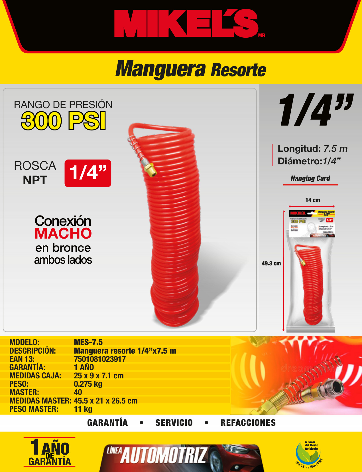 MIKELS MES-7.5 Manguera Resorte 1/4 × 7.5 mts - Imagen 2