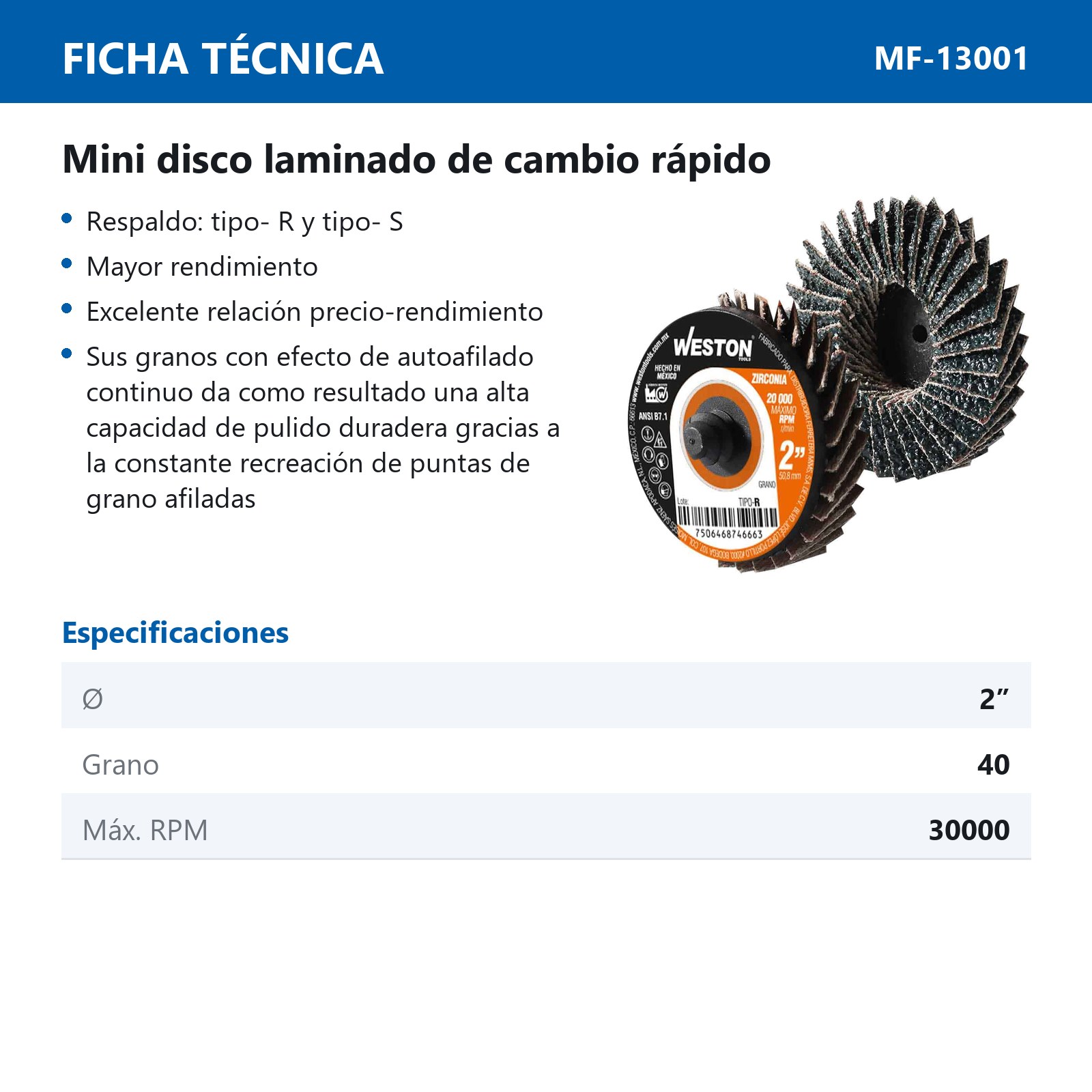 MINI DISCO LAMINADO D/CAMBIO RAPIDO 2" TIPO R ZIRCONIA G040 (Precio x Pieza - Bolsa c/20 pzs) - Imagen 3
