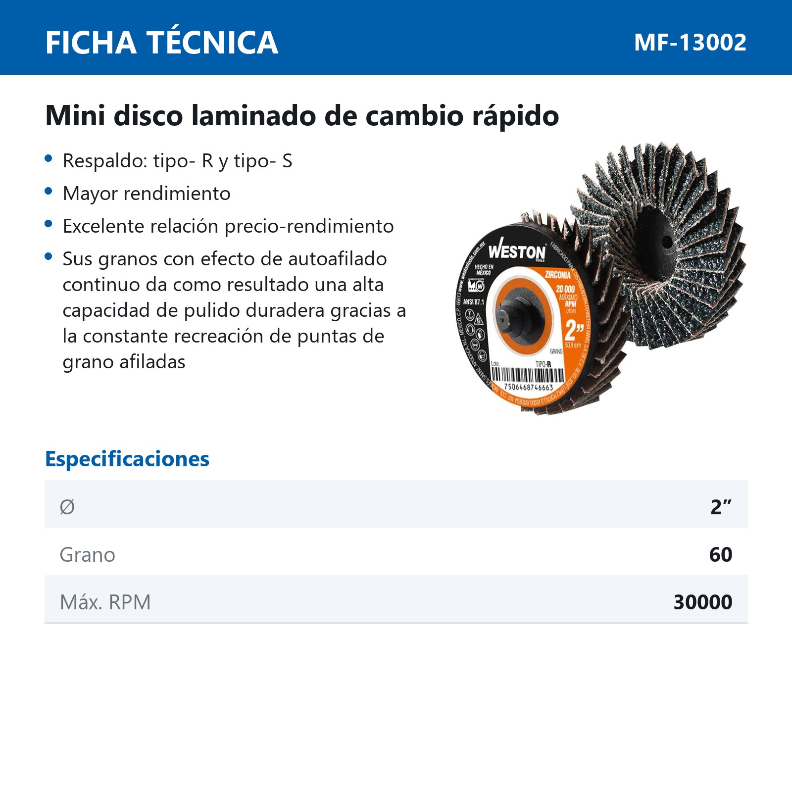 MINI DISCO LAMINADO D/CAMBIO RAPIDO 2" TIPO R ZIRCONIA G060 (Precio x Pieza - Bolsa c/20 pzs) - Imagen 3