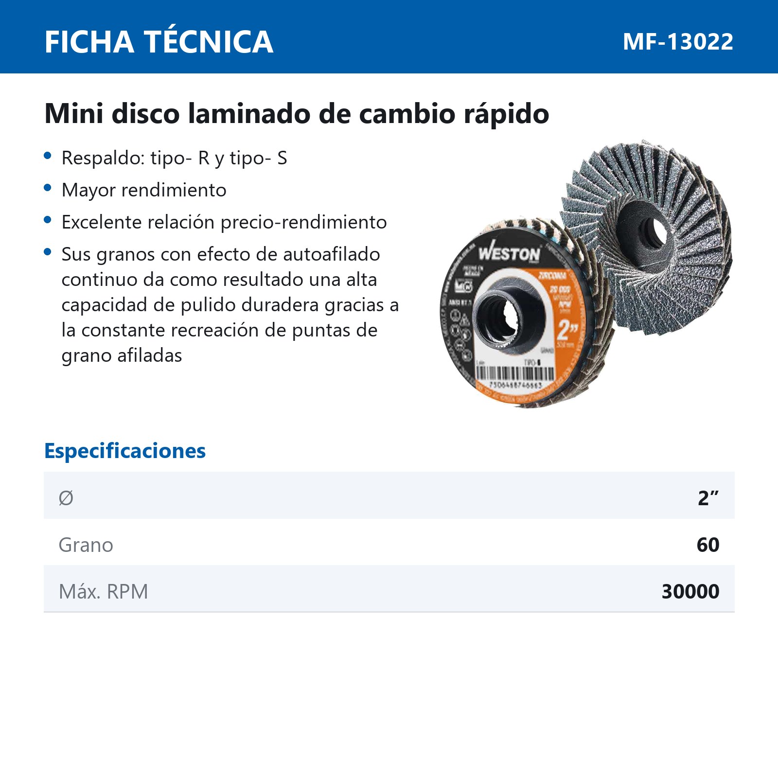 MINI DISCO LAMINADO D/CAMBIO RAPIDO 2" TIPO S ZIRCONIA G060 (Precio x Pieza - Bolsa c/20 pzs) - Imagen 3