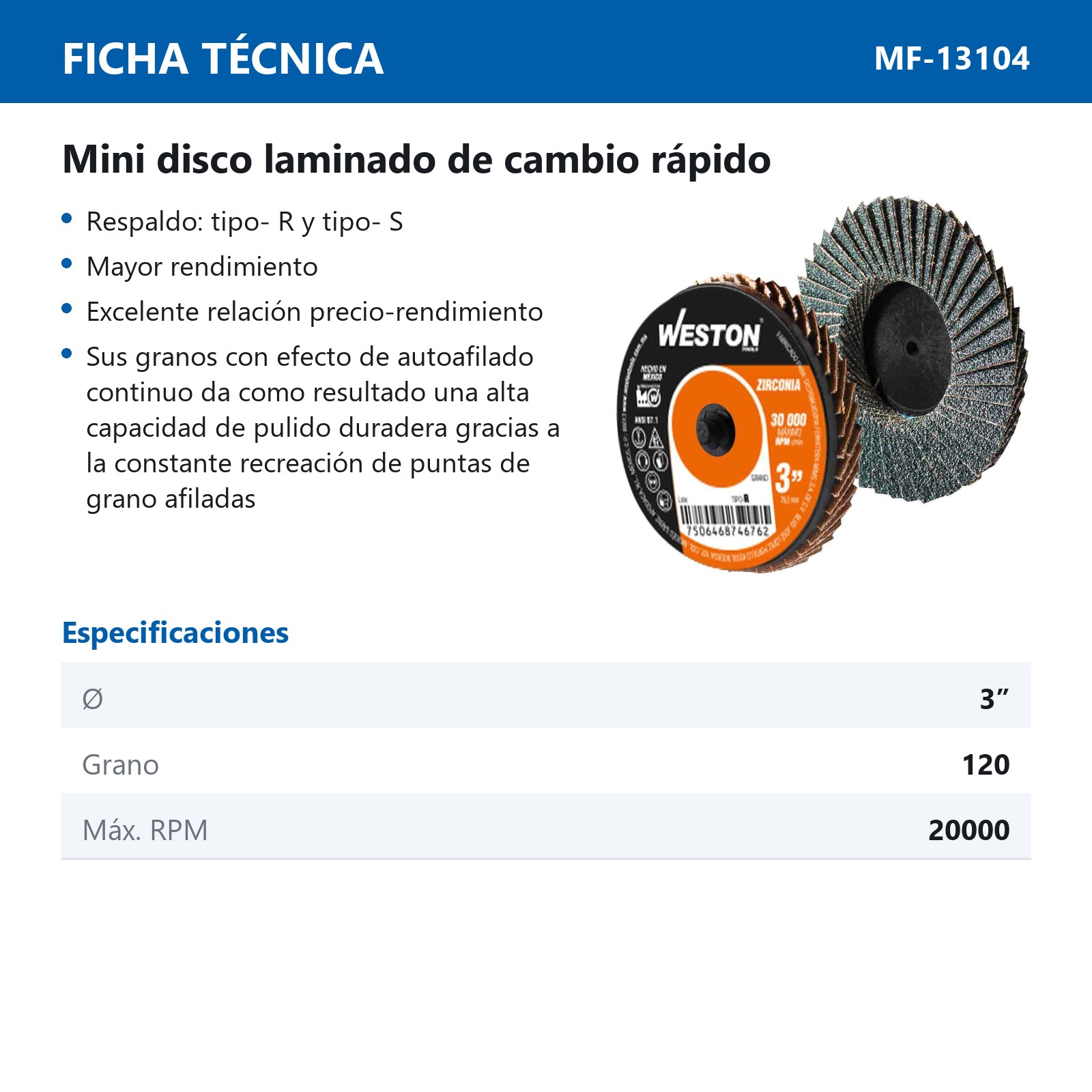 MINI DISCO LAMINADO D/CAMBIO RAPIDO 3" TIPO R ZIRCONIA G120 (Precio x Pieza - Bolsa c/10 pzs) - Imagen 3
