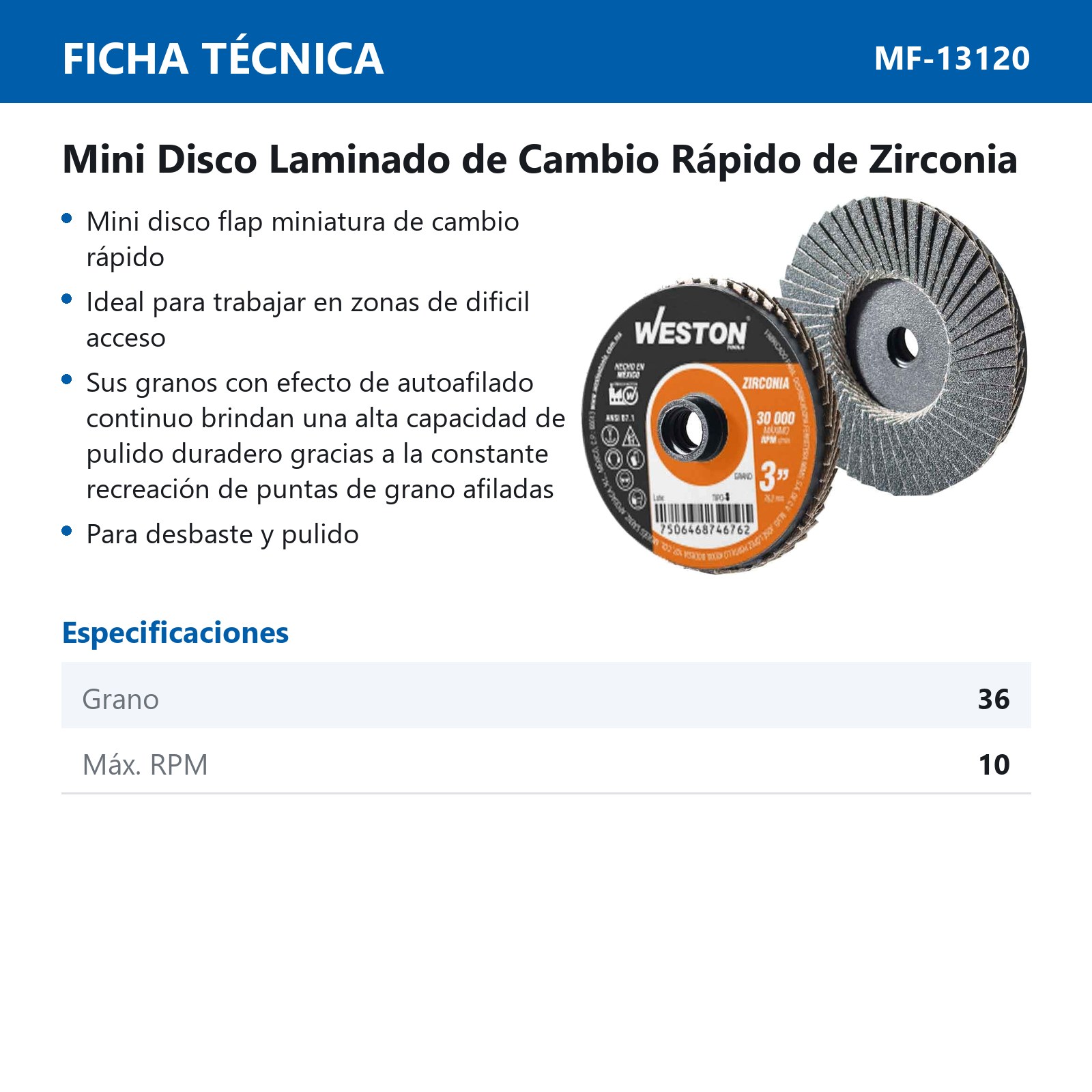 MINI DISCO LAMINADO D/CAMBIO RAPIDO 3" TIPO S ZIRCONIA G036 (Precio x Pieza - Bolsa c/10 pzs) - Imagen 3