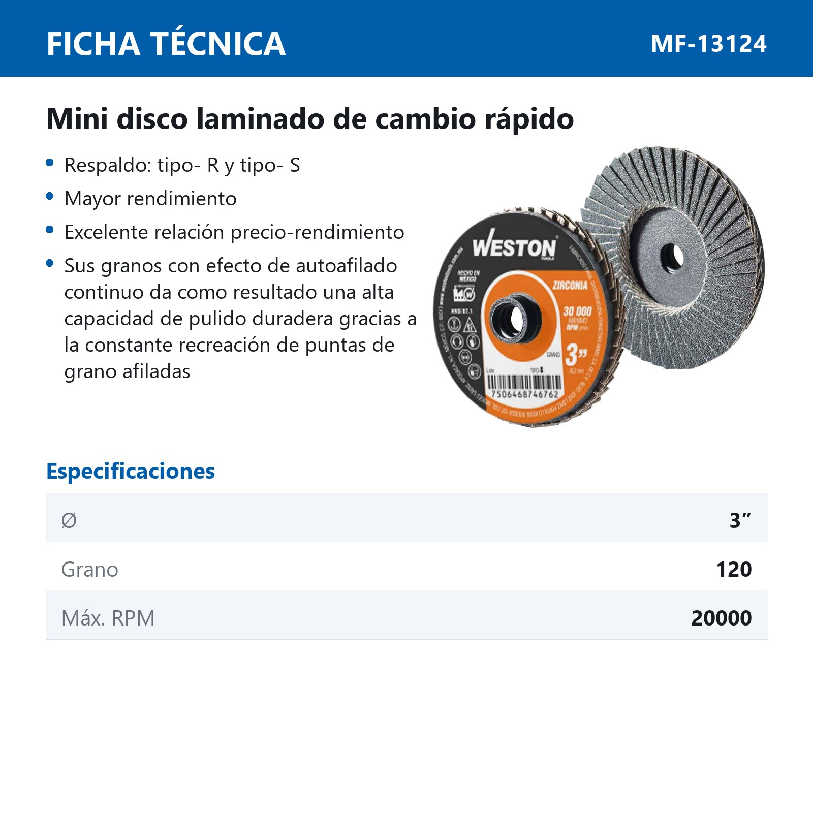 MINI DISCO LAMINADO D/CAMBIO RAPIDO 3" TIPO S ZIRCONIA G120 (Precio x Pieza - Bolsa c/10 pzs) - Imagen 3