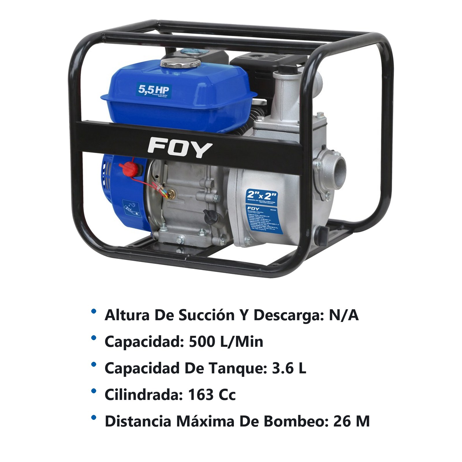Motobomba a gasolina con diámetro de succión y descarga de 2 x 2", 5.5 HP Foy - Imagen 2