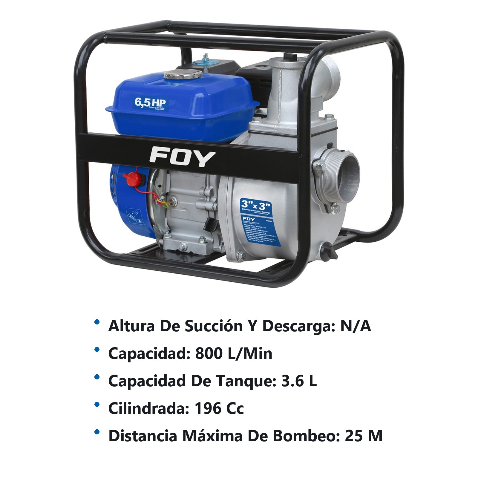 Motobomba a gasolina con diámetro de succión y descarga de 3 x 3", 6.5 HP Foy - Imagen 2