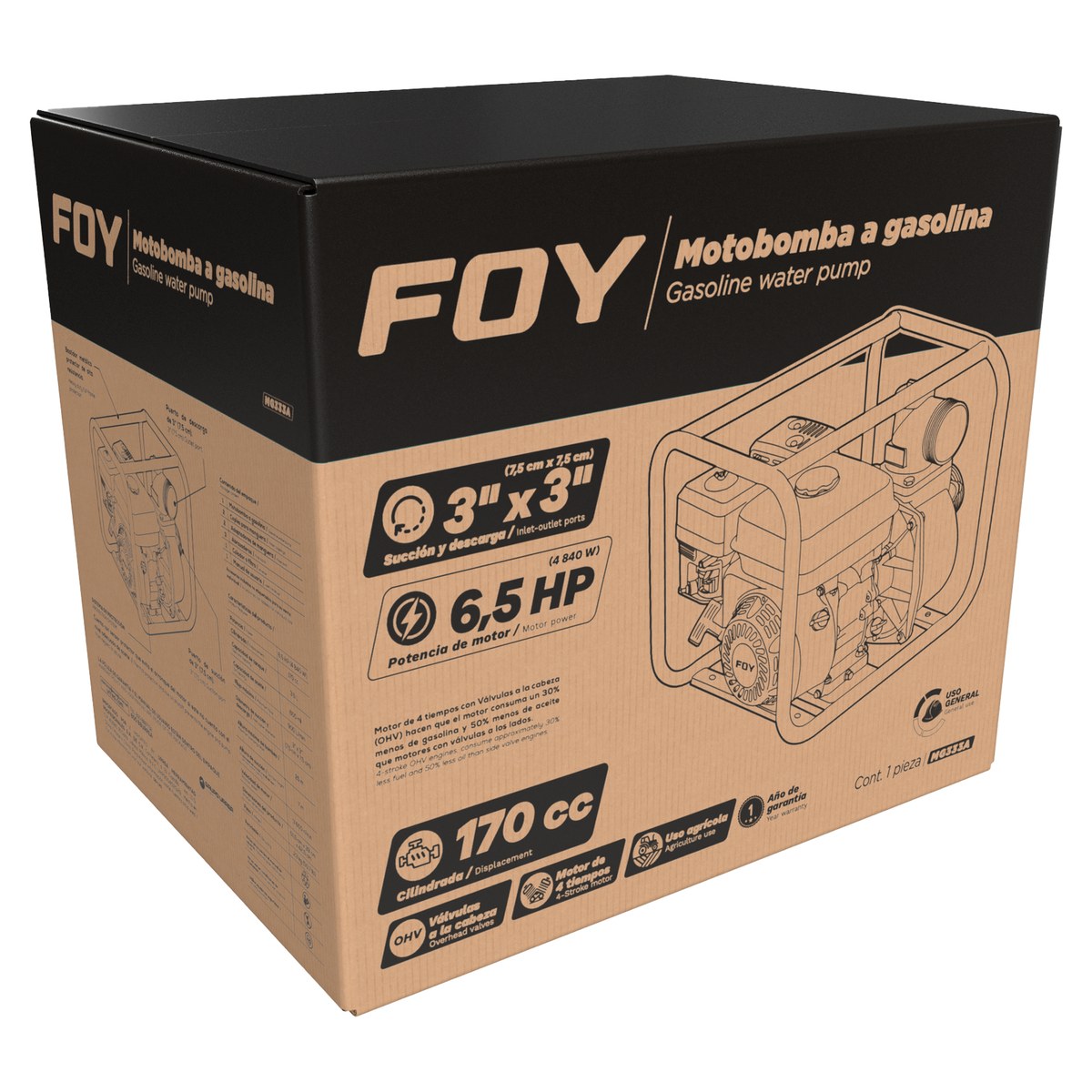 Motobomba a gasolina con diámetro de succión y descarga de 3 x 3", 6.5 HP Foy - Imagen 2